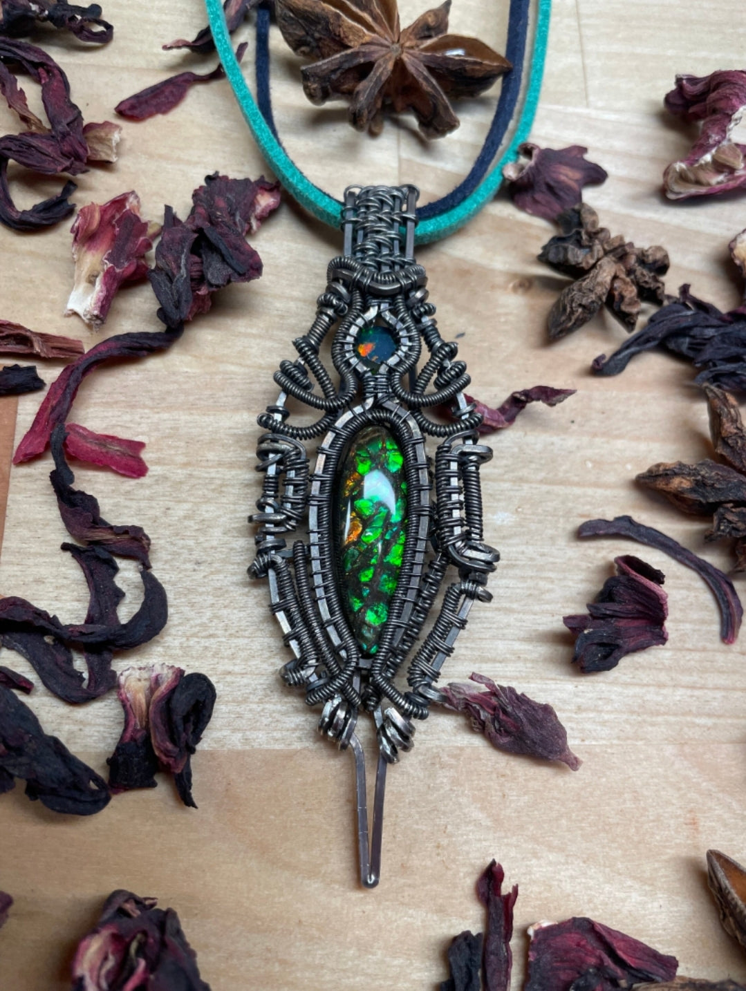 Black Opal & Ammolite Wire Wrapped Crystal Amulet Pendant in Tarnished 925 Sterling Silver