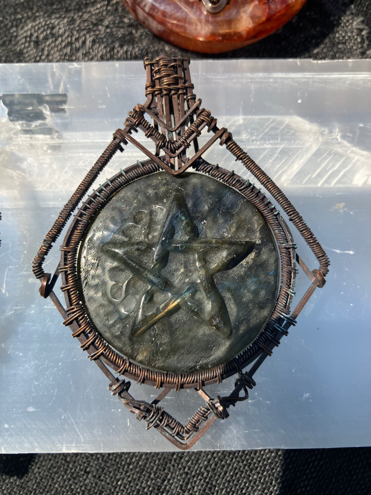 Carved Labradorite Star/Pentagram Wire Wrapped Amulet in Tarnished Copper- Psychic Abilities- Enhance Intuition