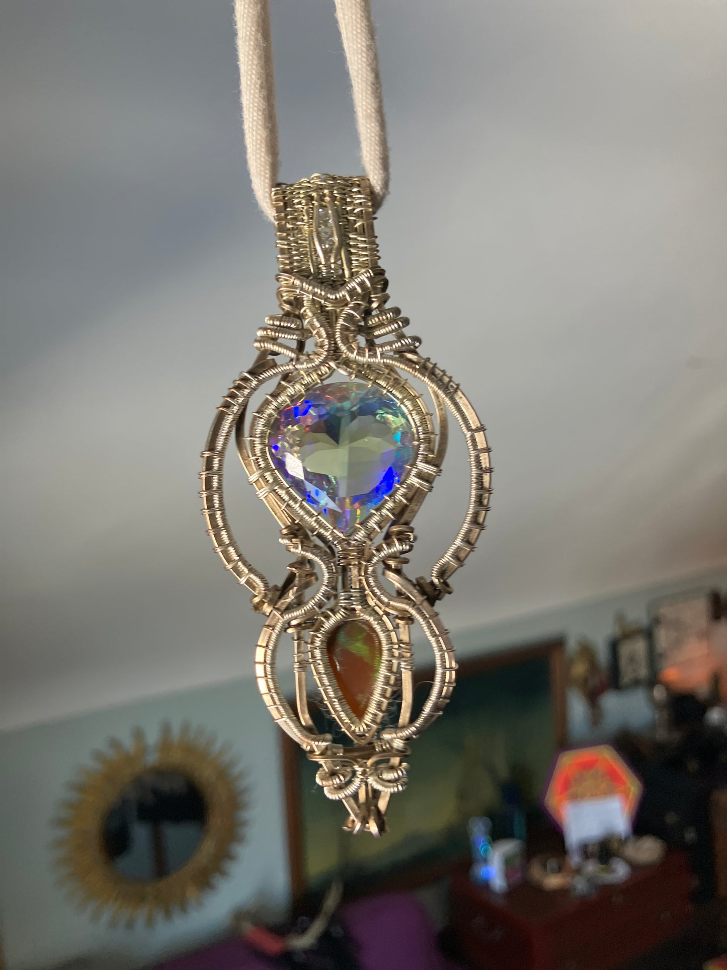 Mystic Quartz, Opal & Moissanite Wire Wrapped Amulet in 925 Sterling Silver