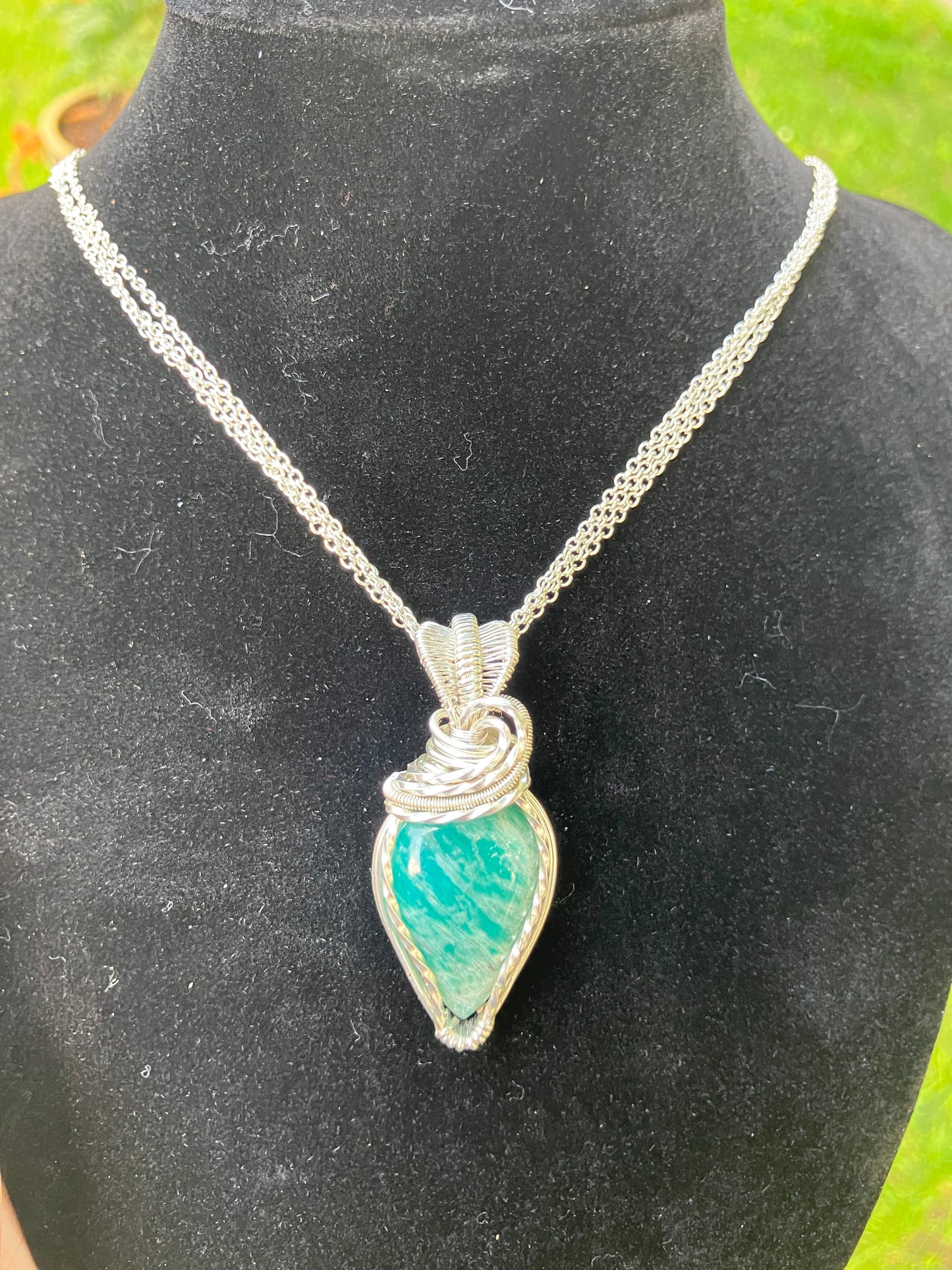 Amazonite Wire Wrapped Pendant in Silver Tone Copper