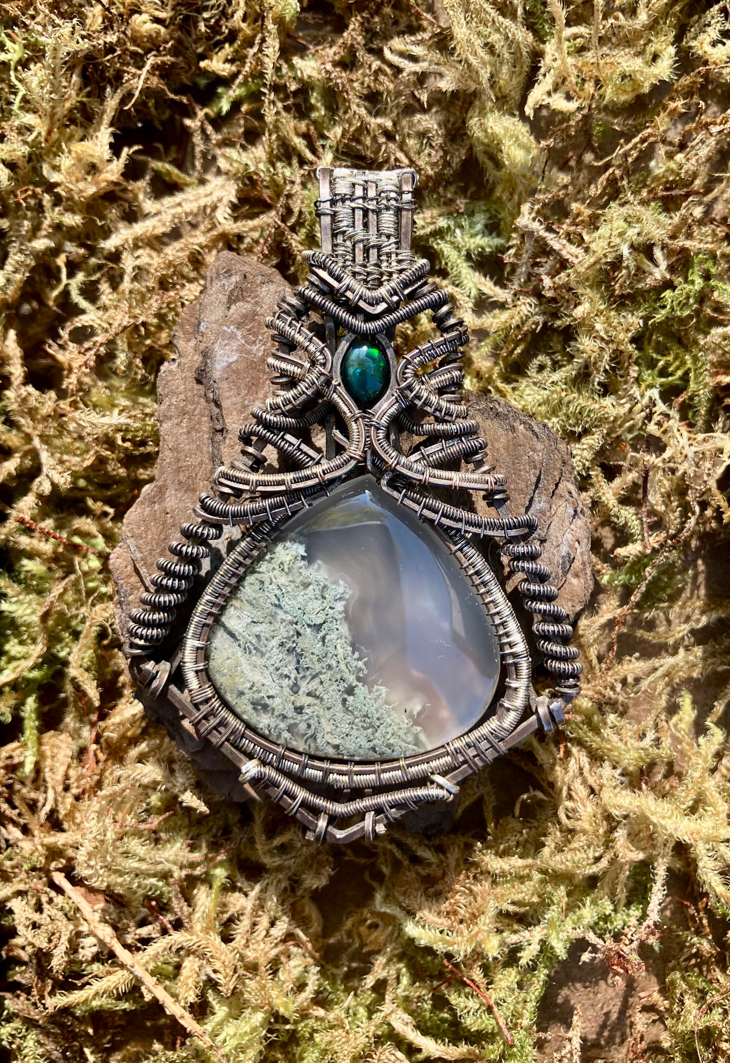 Moss Agate & Black Opal Crystal Wire Wrapped Amulet Pendant in 925 Sterling Silver