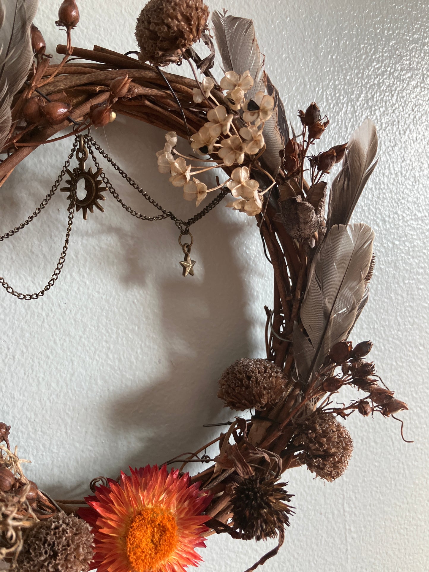 Robin Feather Foraged Strawflower Floral Charm Wreath- 6”