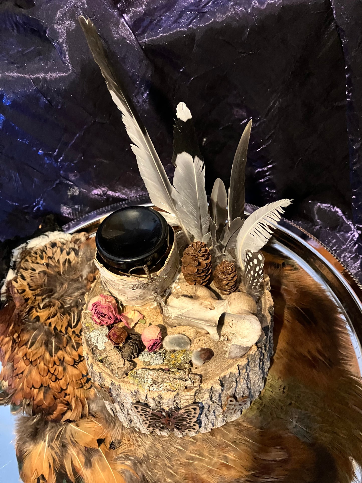 White Oak Butterfly & Sword Offering Altar w/ Deer Vertebrae, Rosebuds, Birch and Obsidian Bowl- Animal Magick- Release Spiritual Blockages-