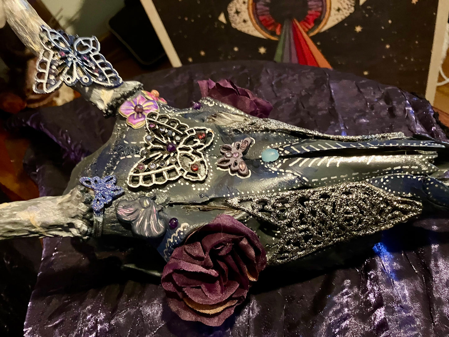 Crystal Butterfly Realm Decorated Deer Skull Altarpiece w/ Tanzanite, Ruby, Sapphire, Topaz ++