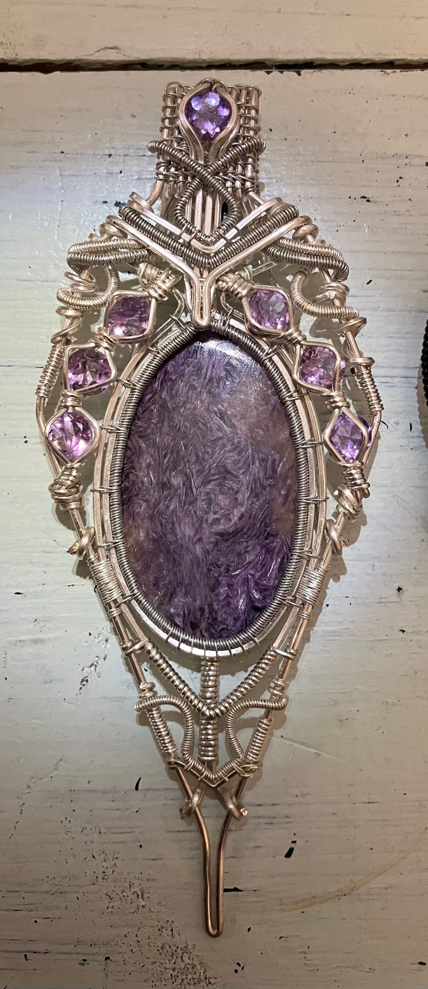 Russian Charoite & Amethyst Crystal Wire Wrapped Amulet Pendant in Silver Tone Copper