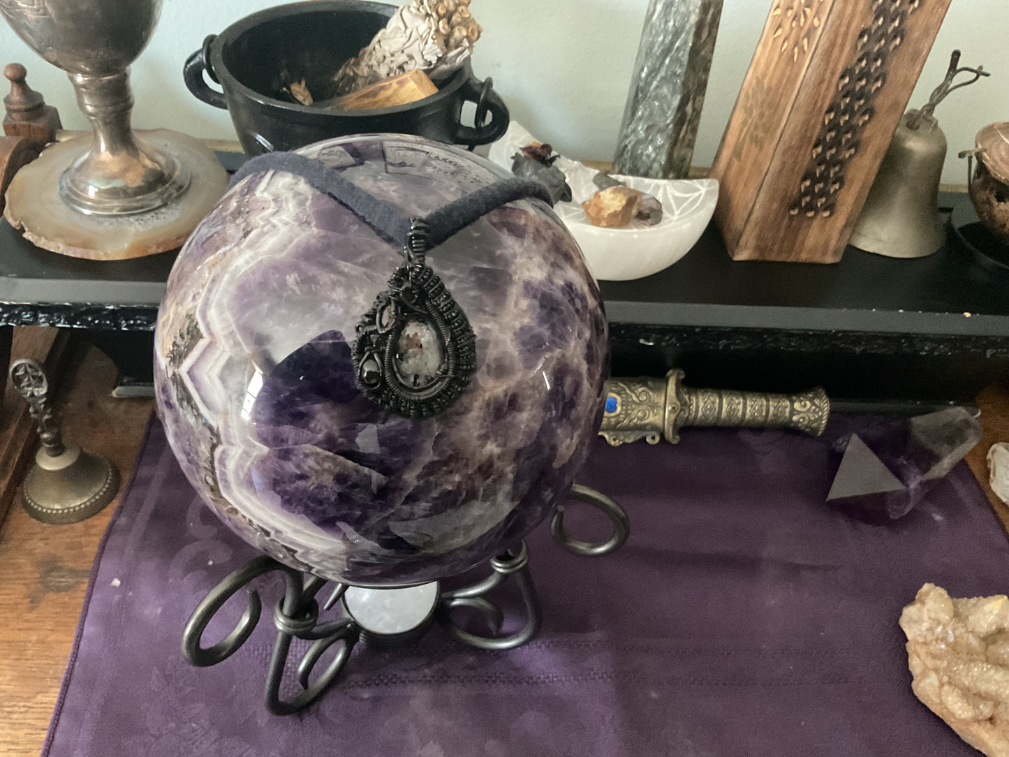 Yooperlite, Smoky Topaz, Green Tourmaline & Black Opal Wire Wrapped Crystal Pendant in Black Copper- UV Reactive