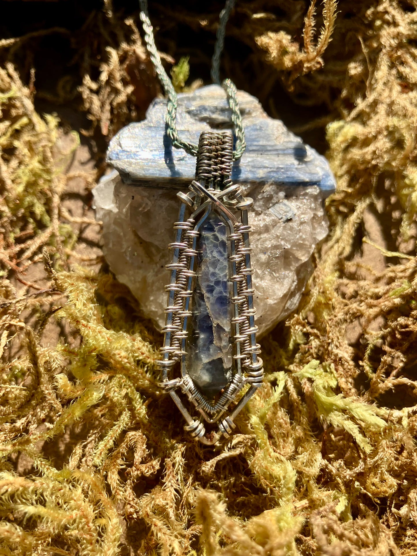 Double Terminated Iolite Wire Wrapped Pendant in 925 Sterling Silver