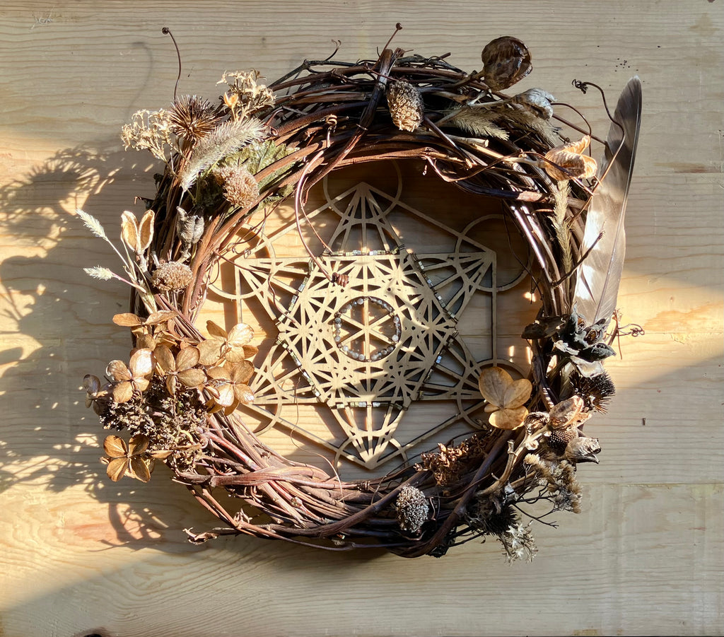 Archangel Metatron Sacred Geometry 10” Protection & Power Wreath- Silver Sheen Obsidian- Hawk