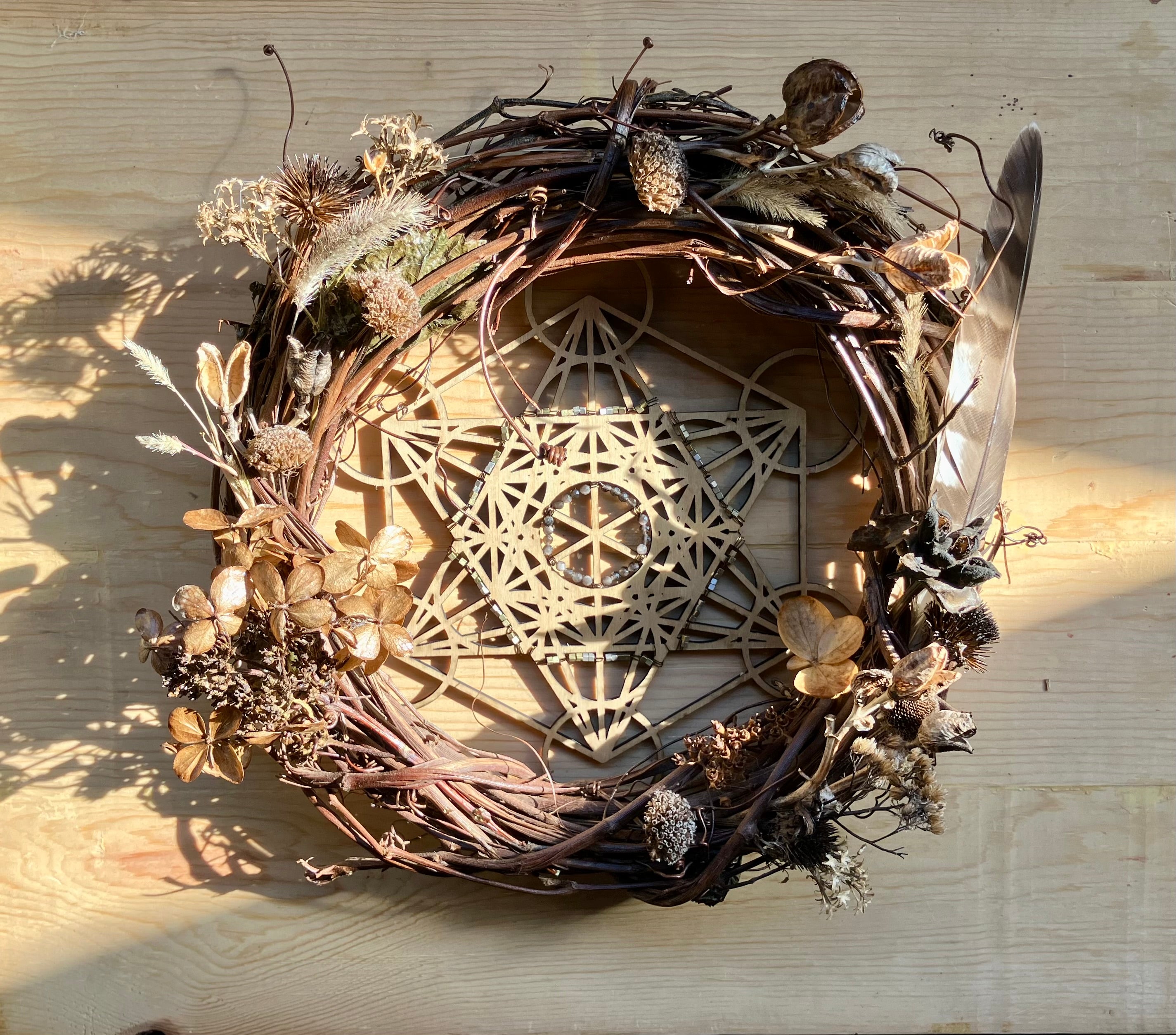 Archangel Metatron Sacred Geometry 10” Protection & Power Wreath- Silver Sheen Obsidian- Hawk