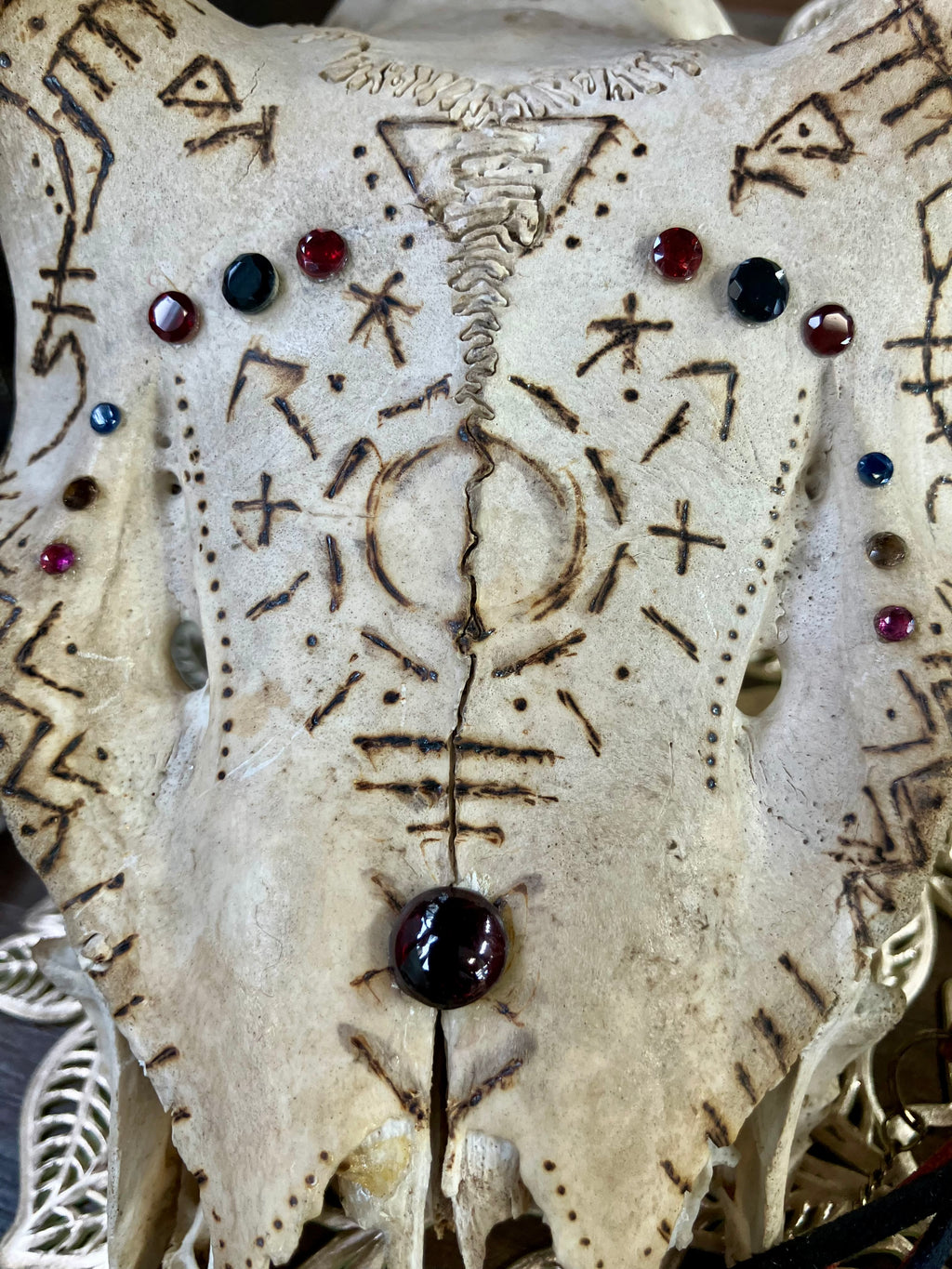 Wood-burned Crystal Inlay Deer Skull Dreamcatcher- Sigils for Protection- Spirit of the Hawk- Witchy Decor