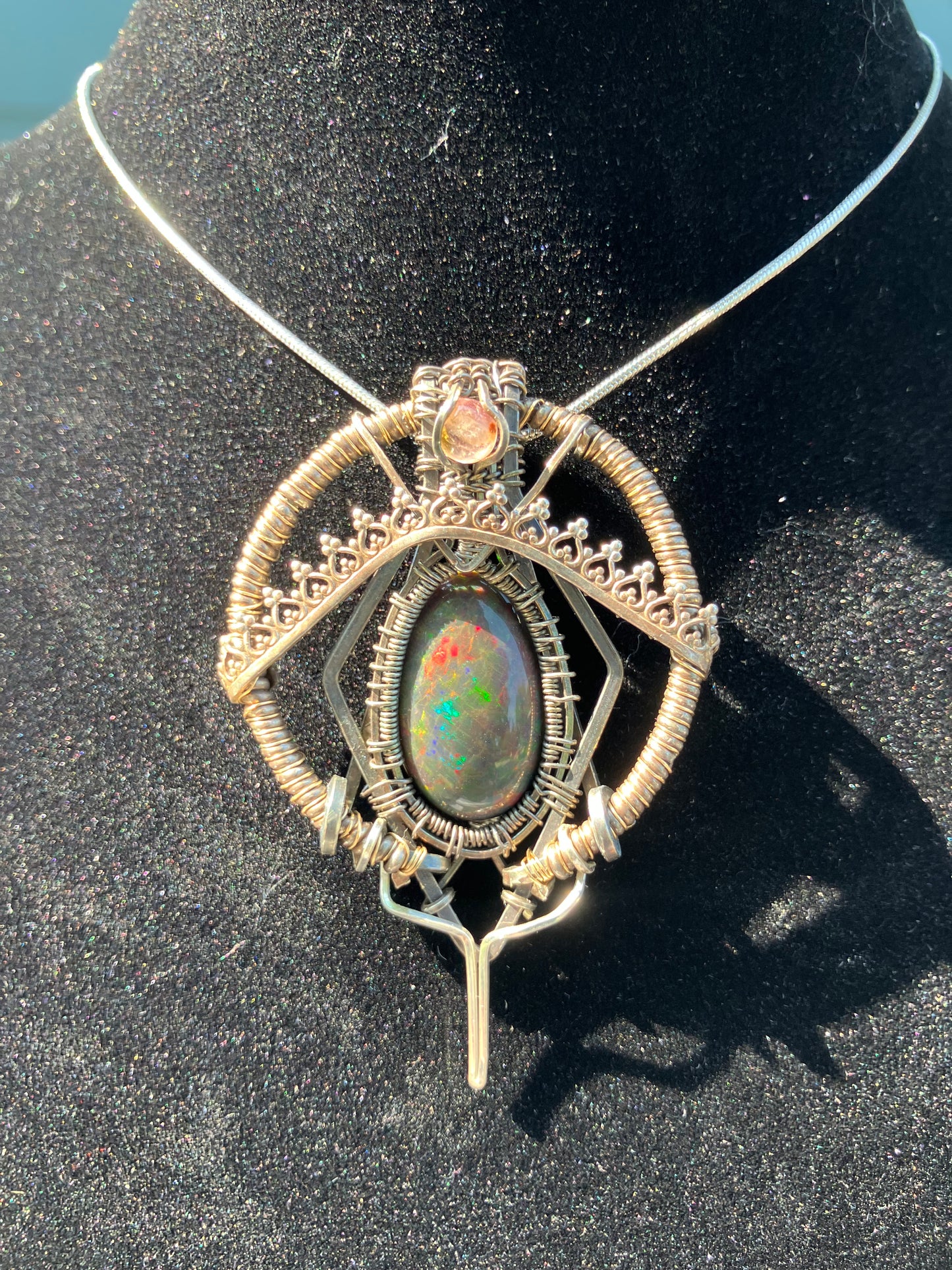 10 carat Black Opal & Pink Tourmaline Wire Wrapped Amulet in 925 Sterling Silver