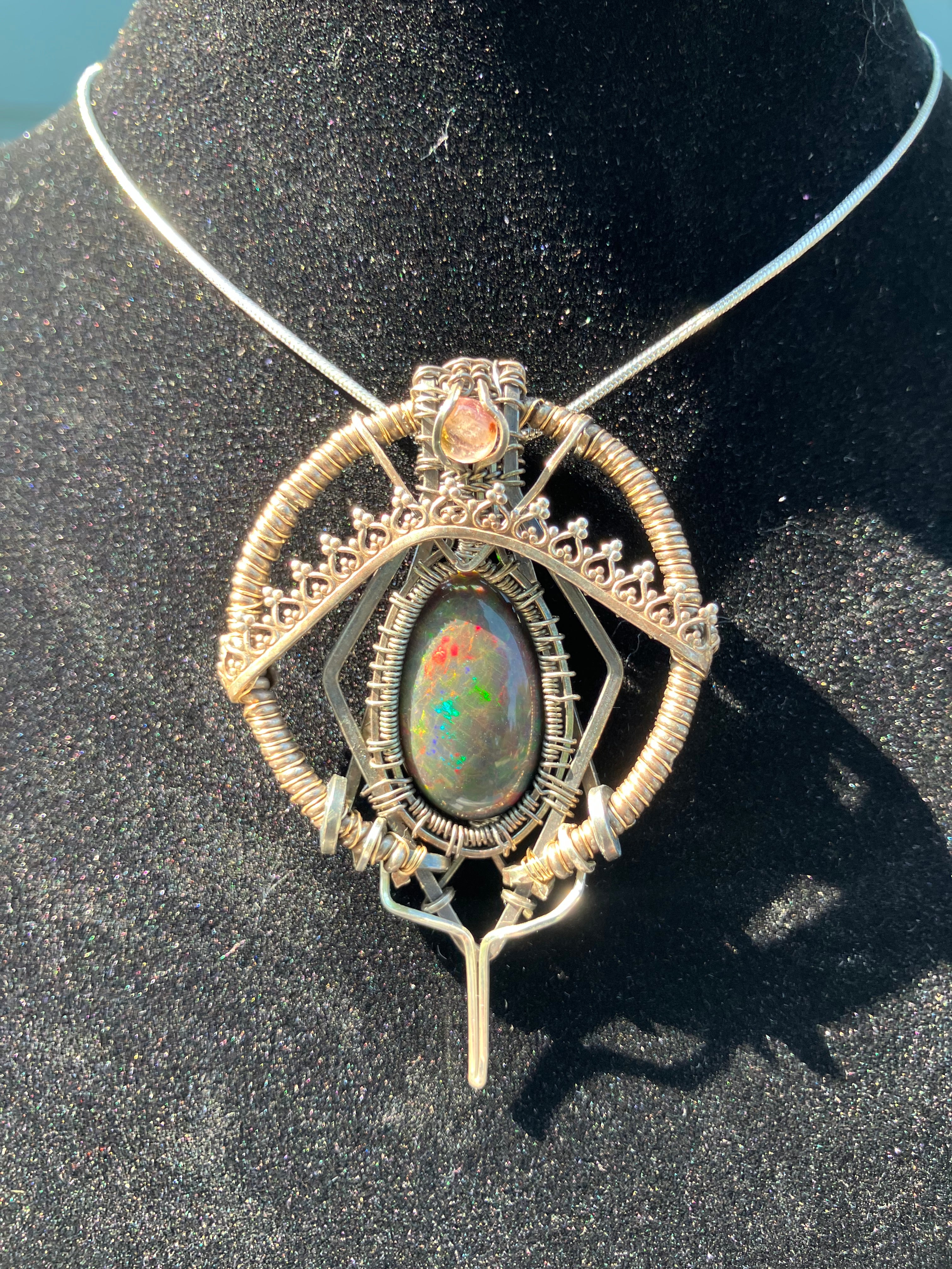 10 carat Black Opal & Pink Tourmaline Wire Wrapped Amulet in 925 Sterling Silver