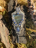 Labradorite Trillion, Iolite and Faceted Blue Quartz Wire Wrapped Amulet Statement Pendant in Two-tone Copper
