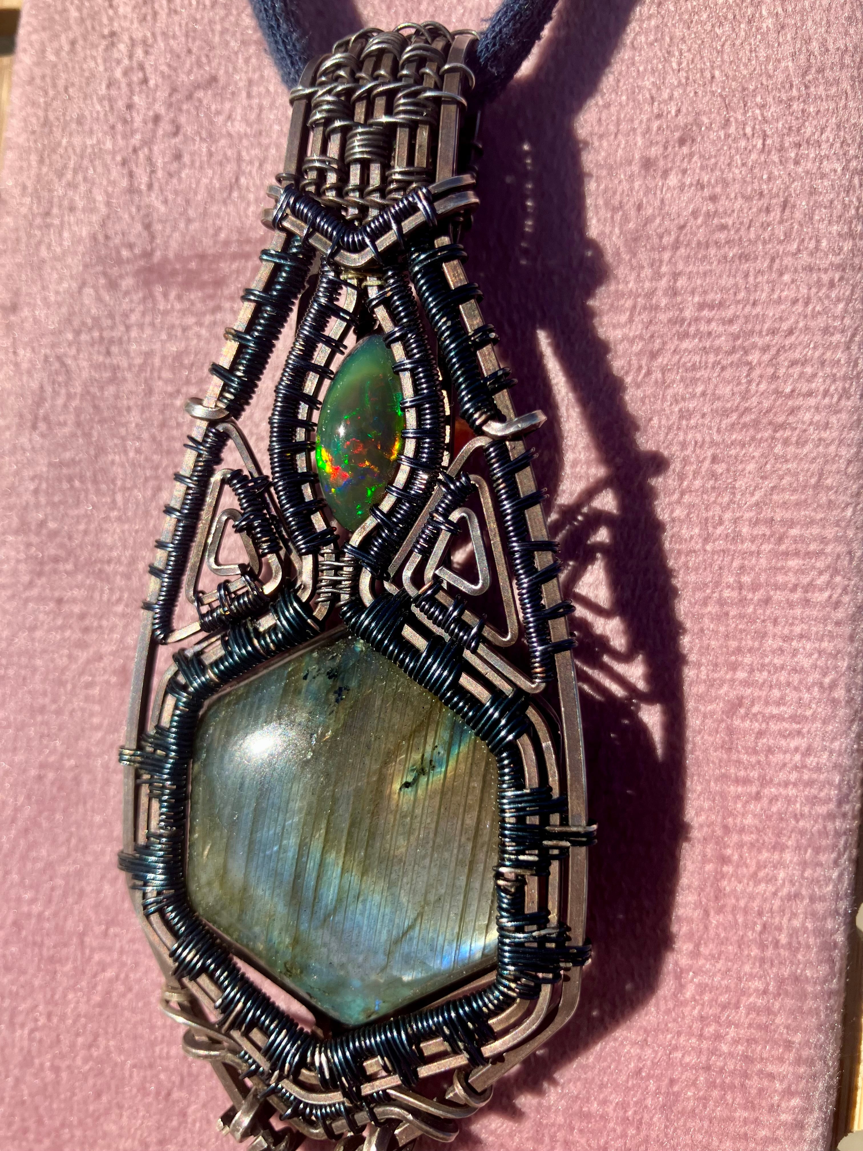 Labradorite Hexagon and Black Opal Wire Wrapped Amulet Statement Pendant in Tarnished Sterling Silver and Copper