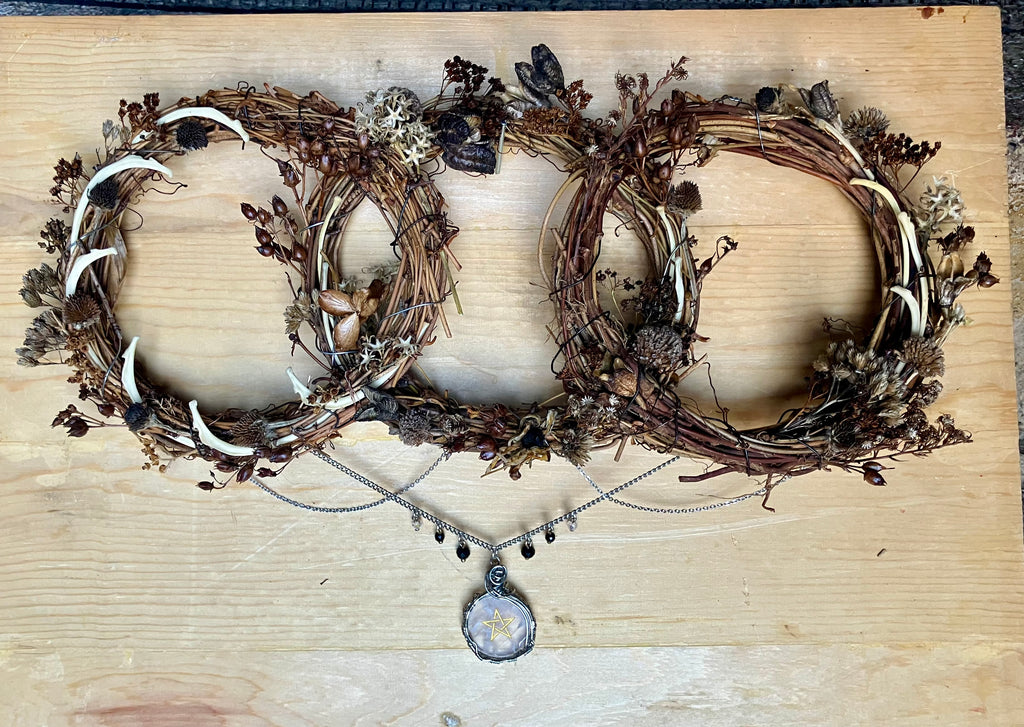 Groundhog Rib Bone Triple Goddess Floral Wreath- Clear Quartz & Black Tourmaline- Amplify Intentions- Altar Decor