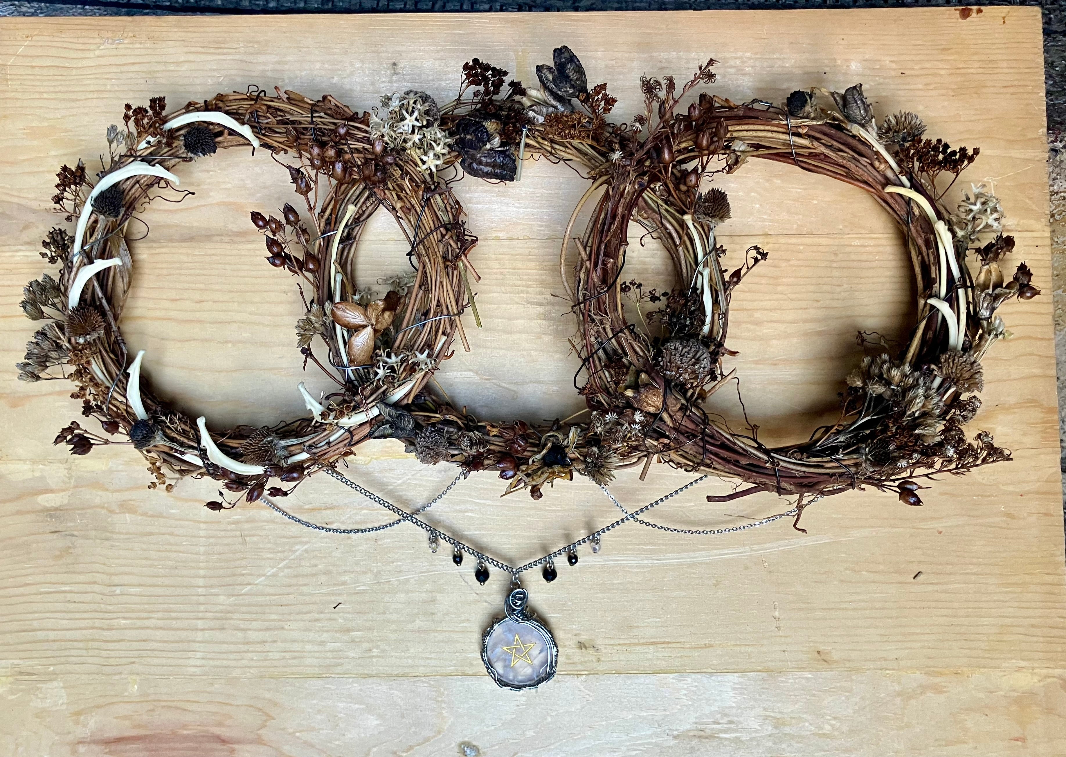 Groundhog Rib Bone Triple Goddess Floral Wreath- Clear Quartz & Black Tourmaline- Amplify Intentions- Altar Decor
