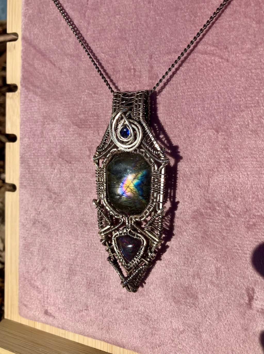 Octagonal Labradorite, Black Opal & Blue Quartz Wire Wrapped Amulet in 925 Sterling Silver- Aligns Chakras- Lucid Dreams- Spiritual Growth