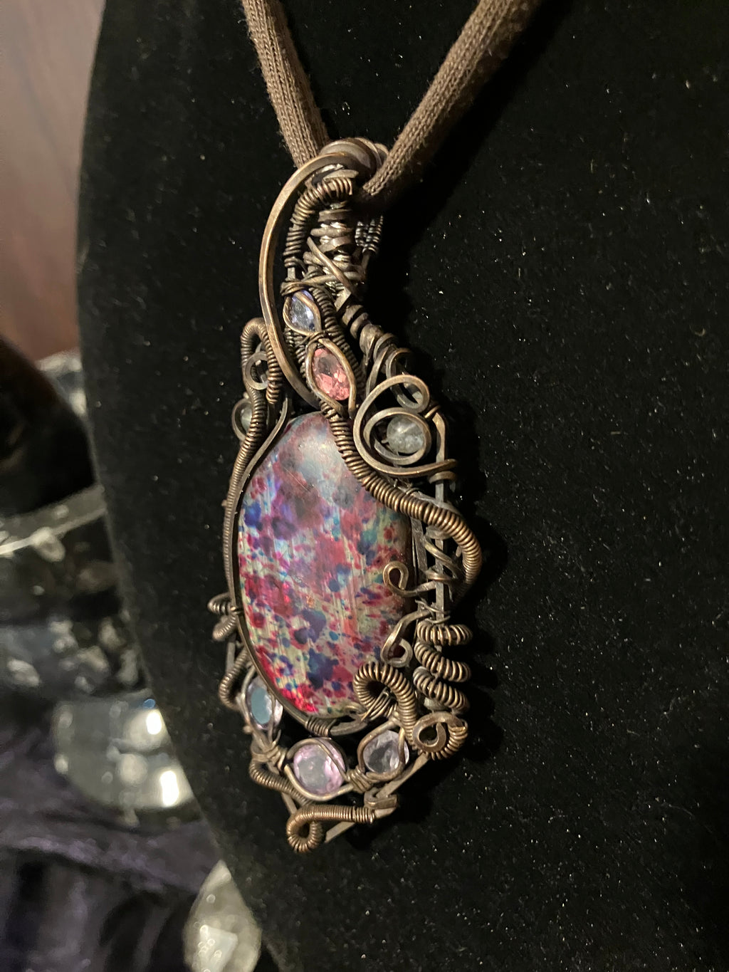 Harlequin Labradorite with Faceted Amethyst, Tanzanite & Pink Topaz Wire Wrapped Amulet Statement Pendant in Tarnished Copper