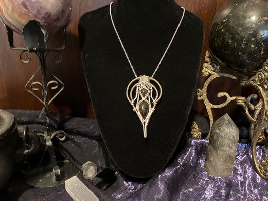 8.4 carat Double Black Opal Crystal Wire Wrapped Amulet Pendant in 925 Sterling Silver & 14k Yellow Gold