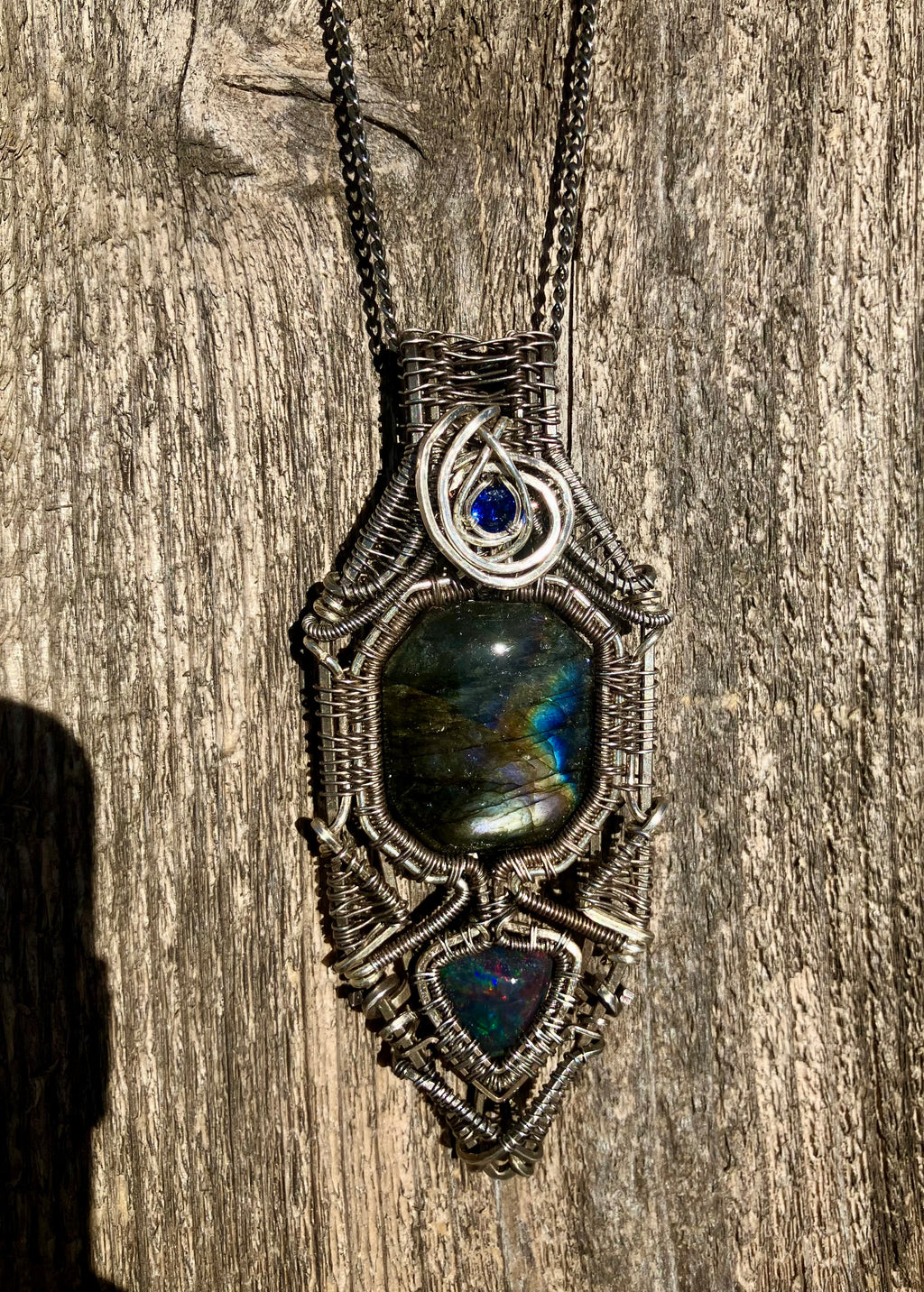 Octagonal Labradorite, Black Opal & Blue Quartz Wire Wrapped Amulet in 925 Sterling Silver- Aligns Chakras- Lucid Dreams- Spiritual Growth
