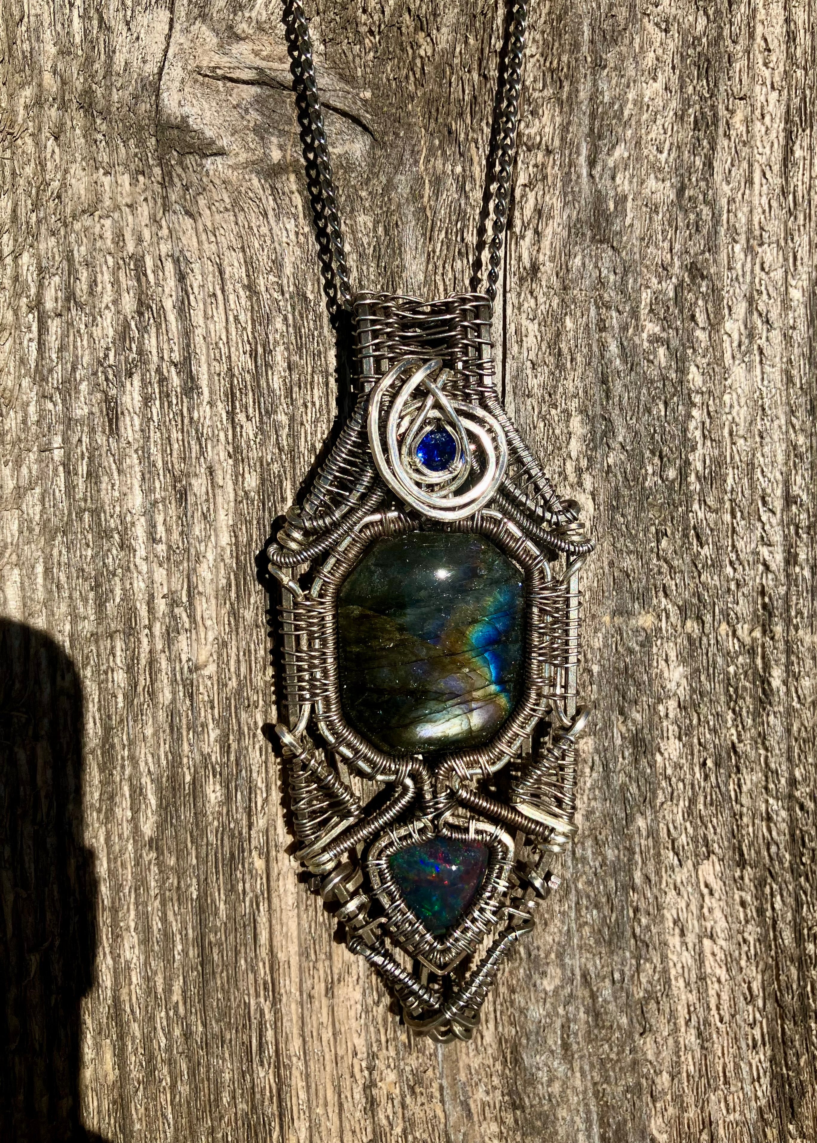 Octagonal Labradorite, Black Opal & Blue Quartz Wire Wrapped Amulet in 925 Sterling Silver- Aligns Chakras- Lucid Dreams- Spiritual Growth