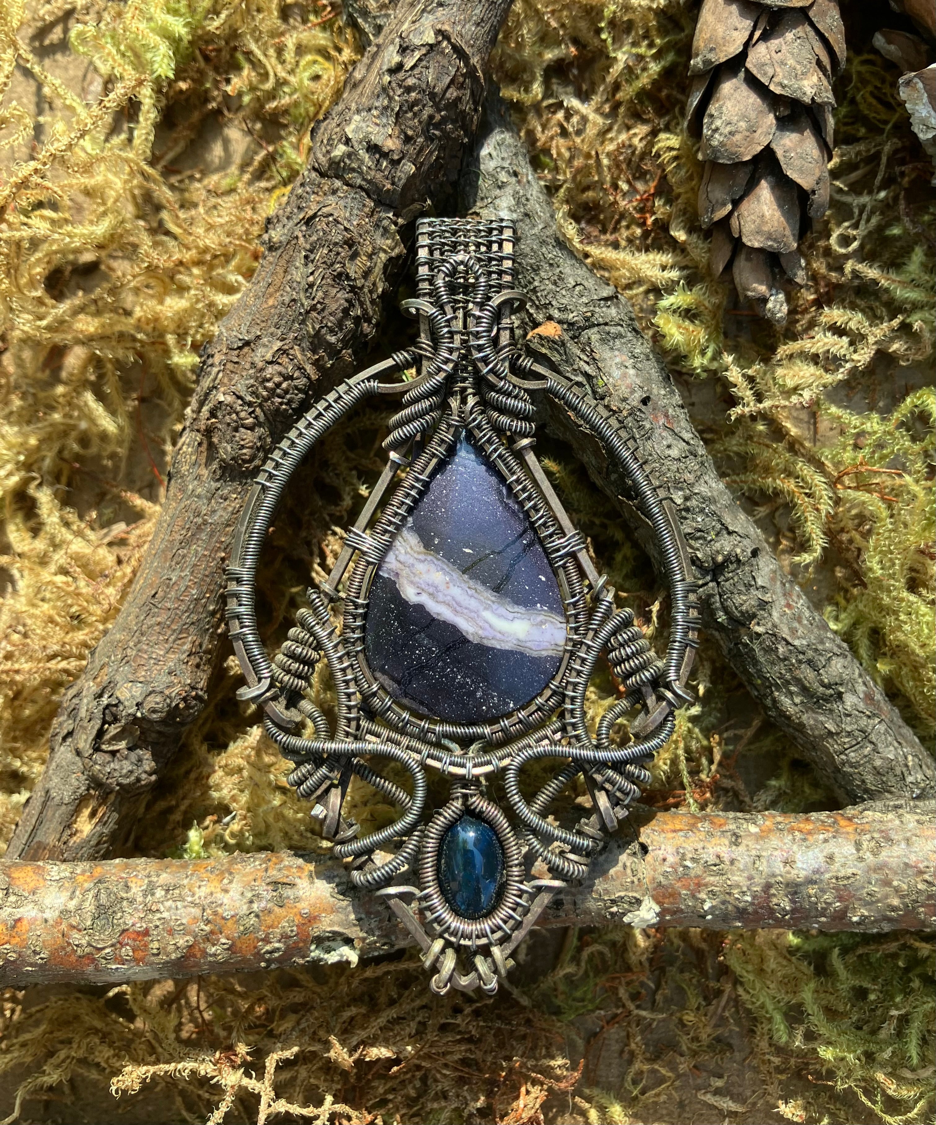 Opalized Fluorite and Black Opal Wire Wrapped Amulet Statement Pendant in Tarnished Sterling Silver