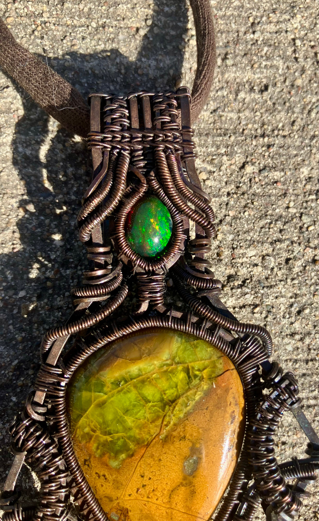 Black & Green Opal Crystal Wire Wrapped Amulet Pendant in Tarnished Copper