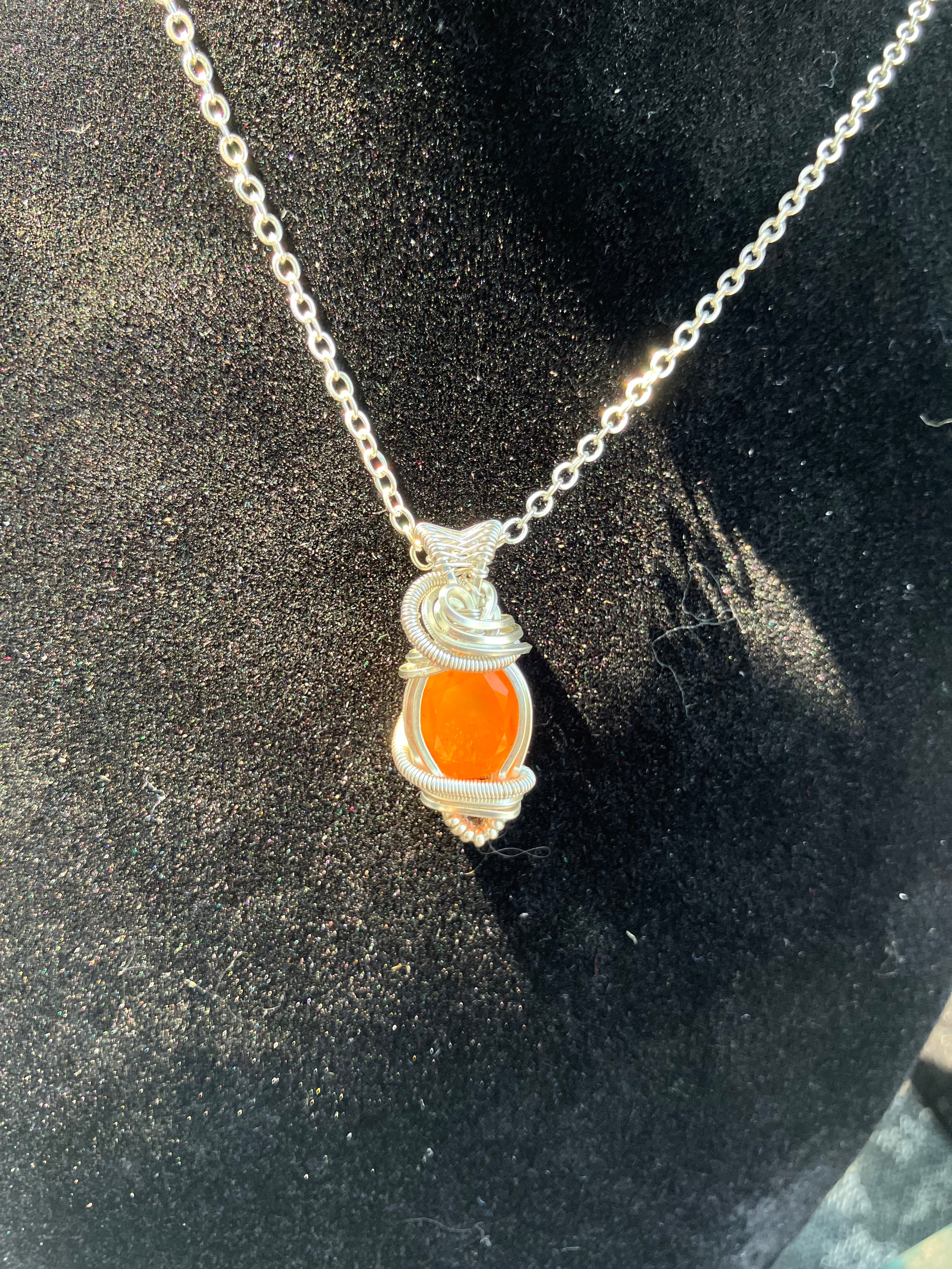 Faceted Carnelian Wire Wrapped Pendant in Silver Tone Copper