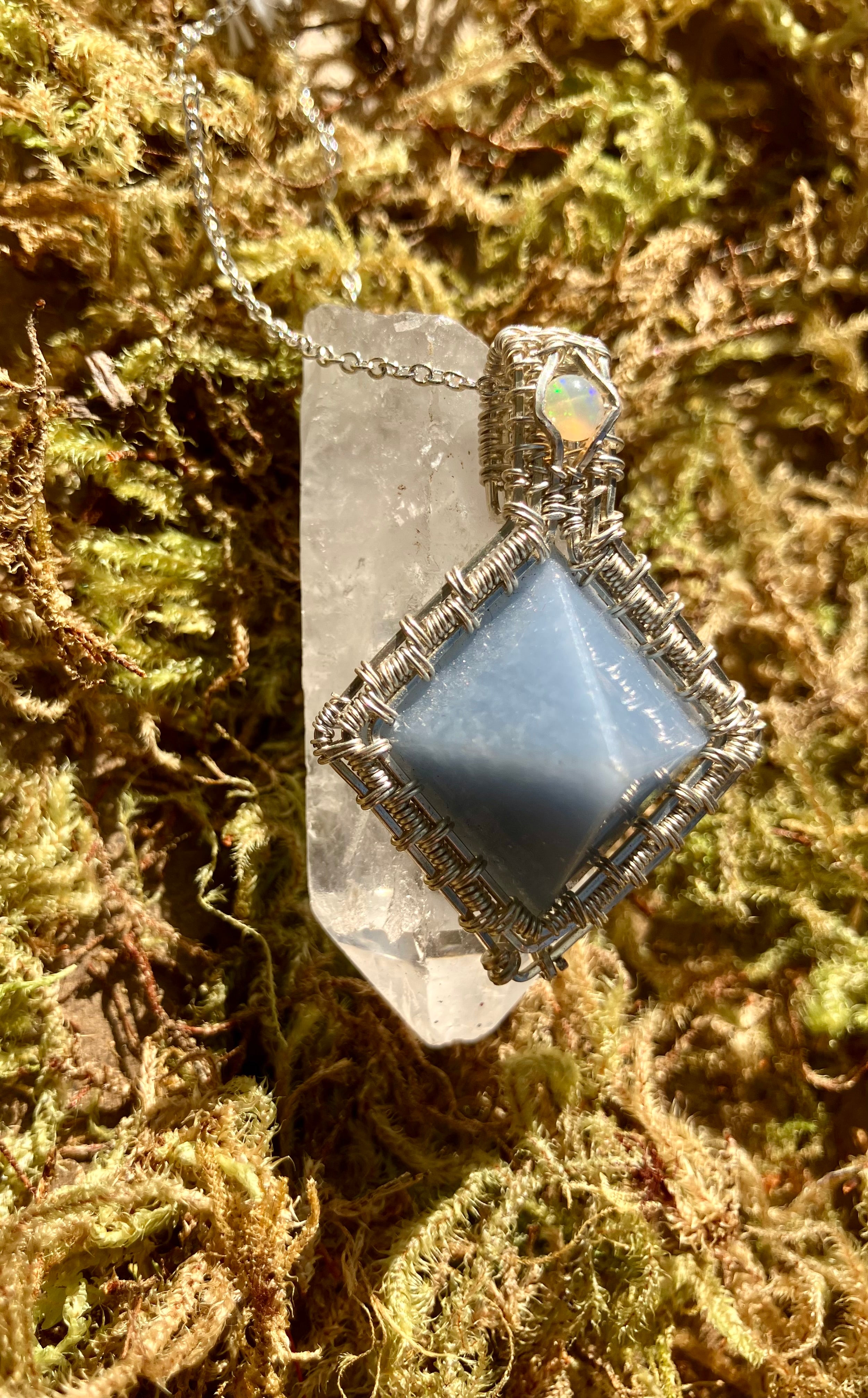 White Opal & Angelite Pyramid Crystal Wire Wrapped Pendant in 925 Sterling Silver