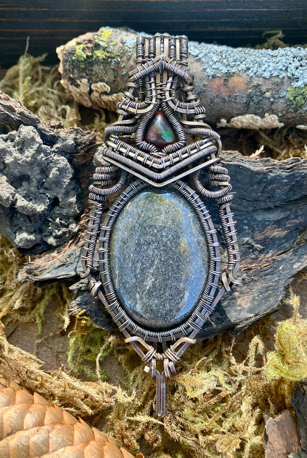 Black Iolite and Black Opal Trillion Wire Wrapped Amulet Statement Pendant in Tarnished Sterling Silver
