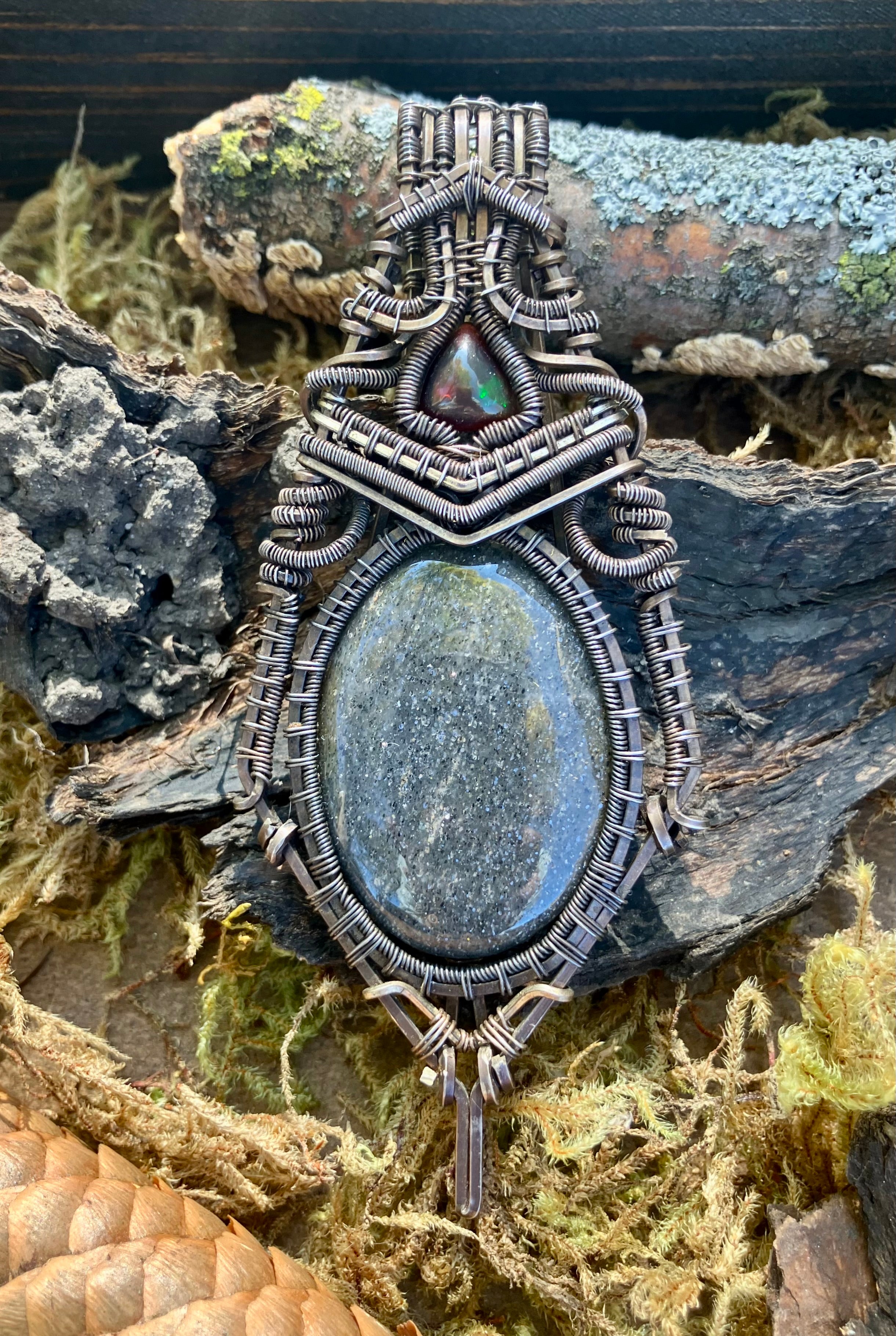 Black Iolite and Black Opal Trillion Wire Wrapped Amulet Statement Pendant in Tarnished Sterling Silver
