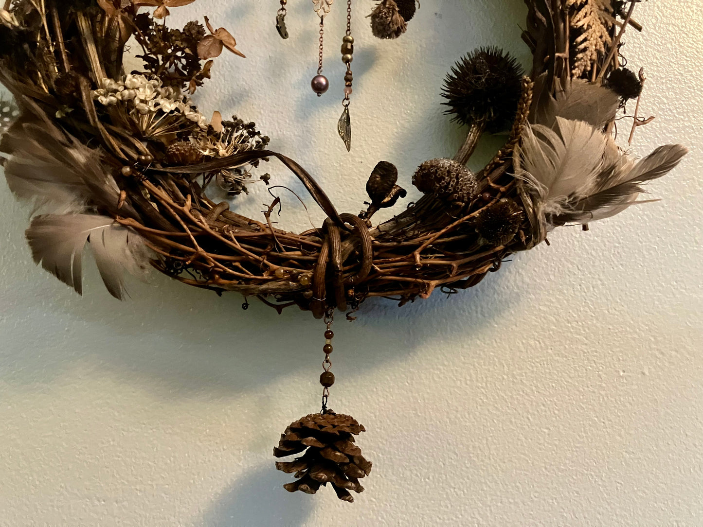 Foraged Flora, Fauna, Feather Crystal Charm 10” Wreath- Citrine, Pietersite, Tigers Eye- Abundance- Prosperity- High Vibrational