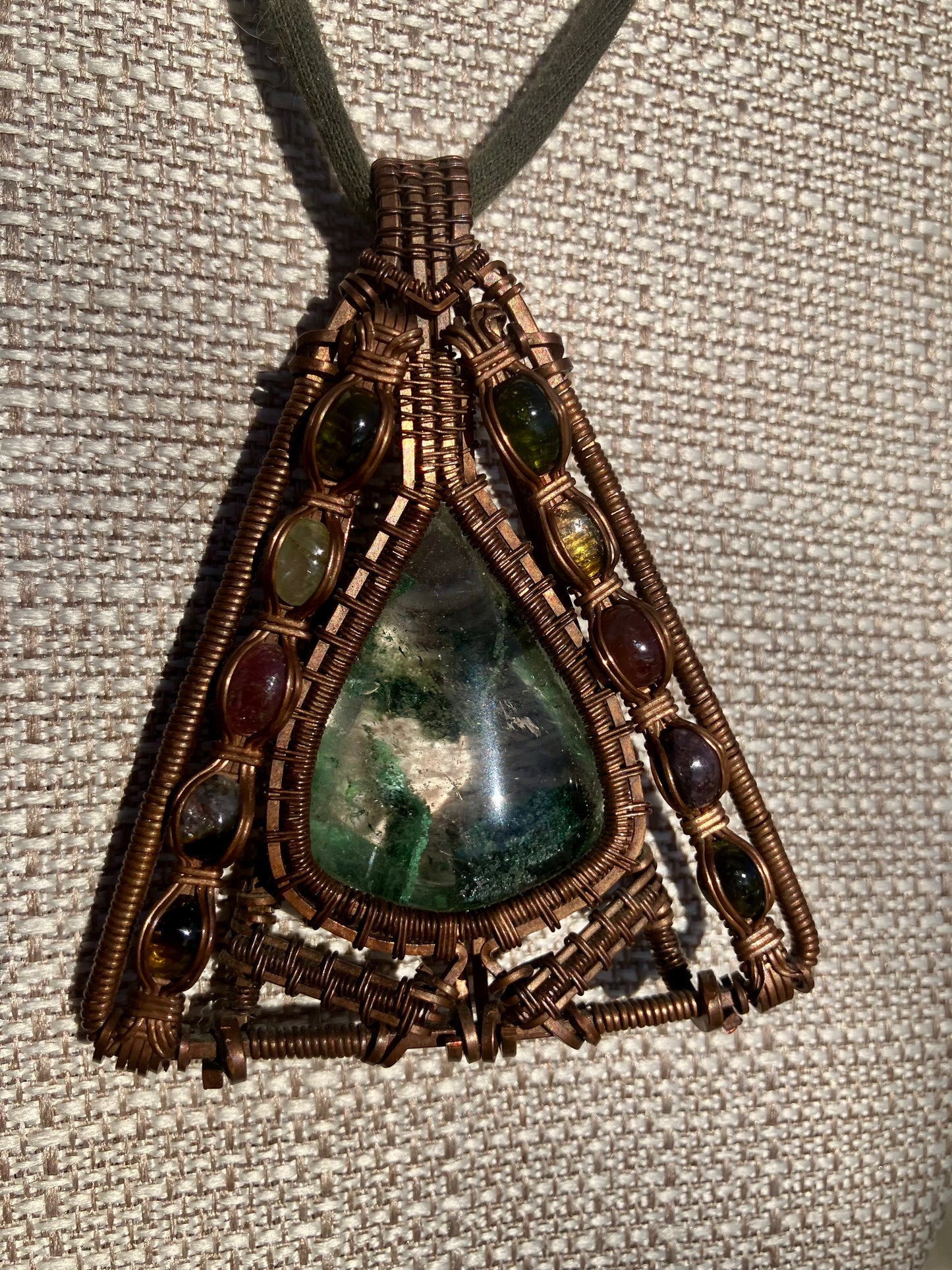 Ghost Phantom and Multi-Colored Tourmaline Wire Wrapped Amulet in Tarnished Copper