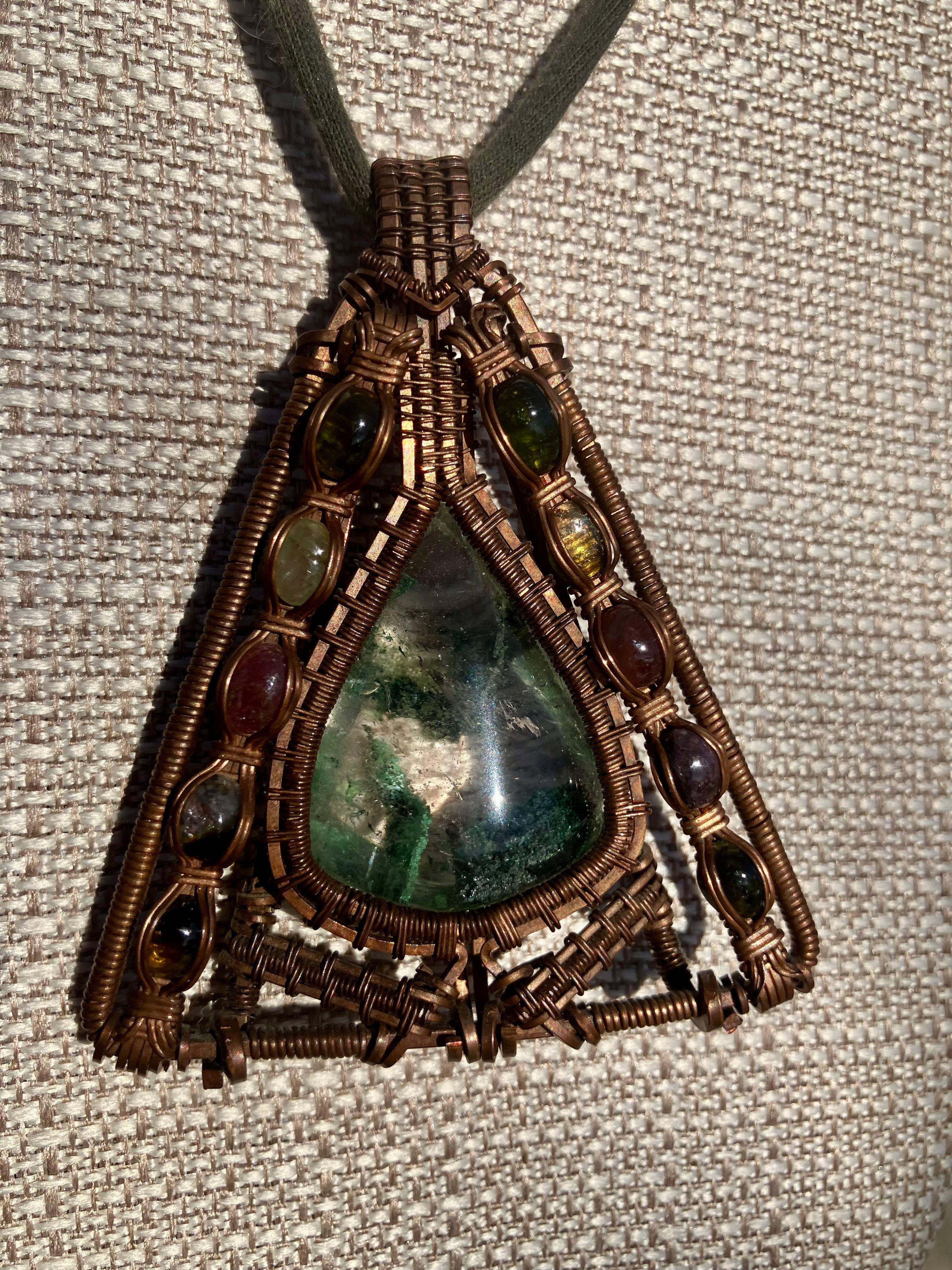 Ghost Phantom and Multi-Colored Tourmaline Wire Wrapped Amulet in Tarnished Copper
