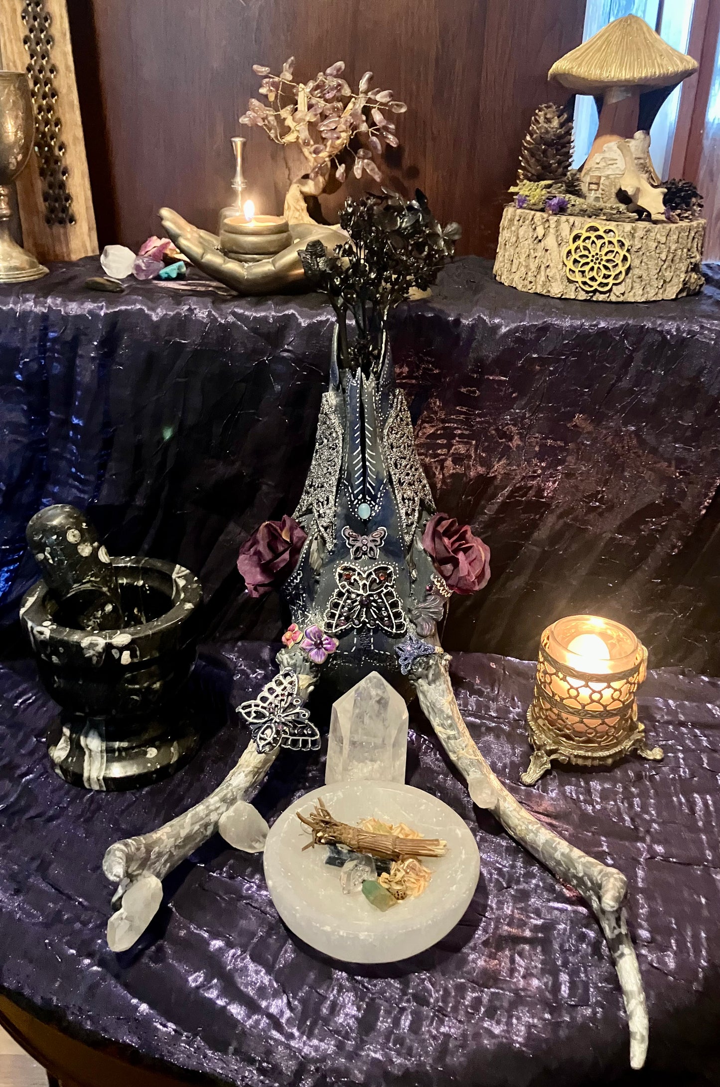 Crystal Butterfly Realm Decorated Deer Skull Altarpiece w/ Tanzanite, Ruby, Sapphire, Topaz  ++