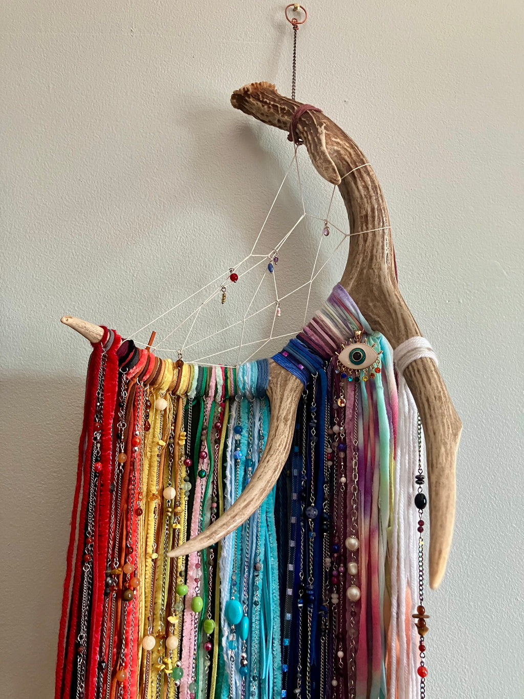 Crystal Beaded Fringe Antler Wall Hanging- Evil Eye Protection- Chakras or LGBTQ Pride