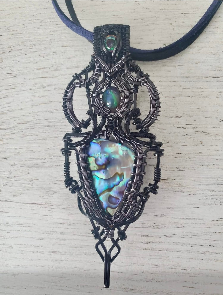 Abalone, Black Opal & Mystic Topaz Wire Wrapped Amulet in Black and Grey Copper