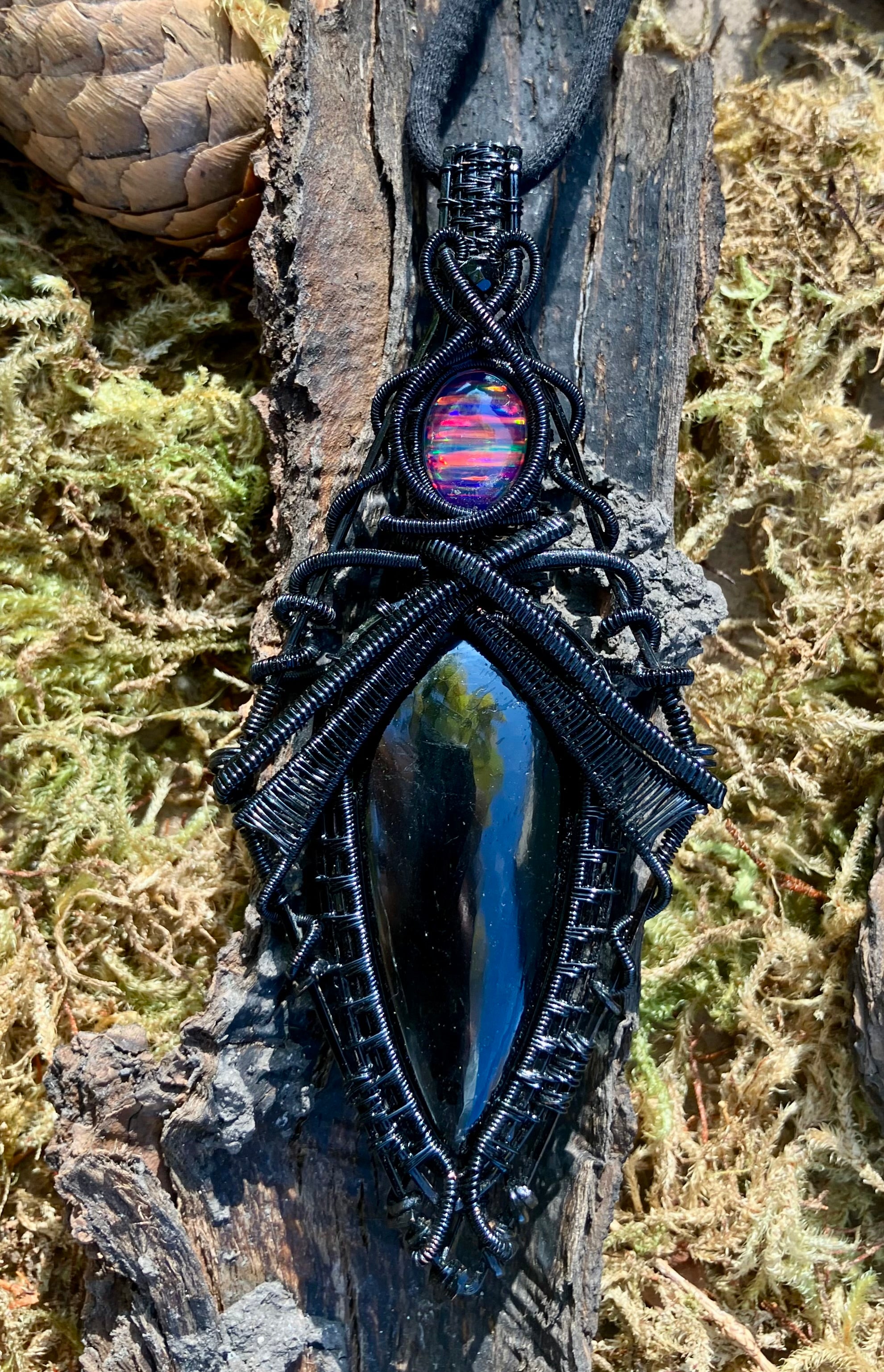 Large Obsidian Wire Wrapped Crystal Ceremonial Amulet in Black Copper