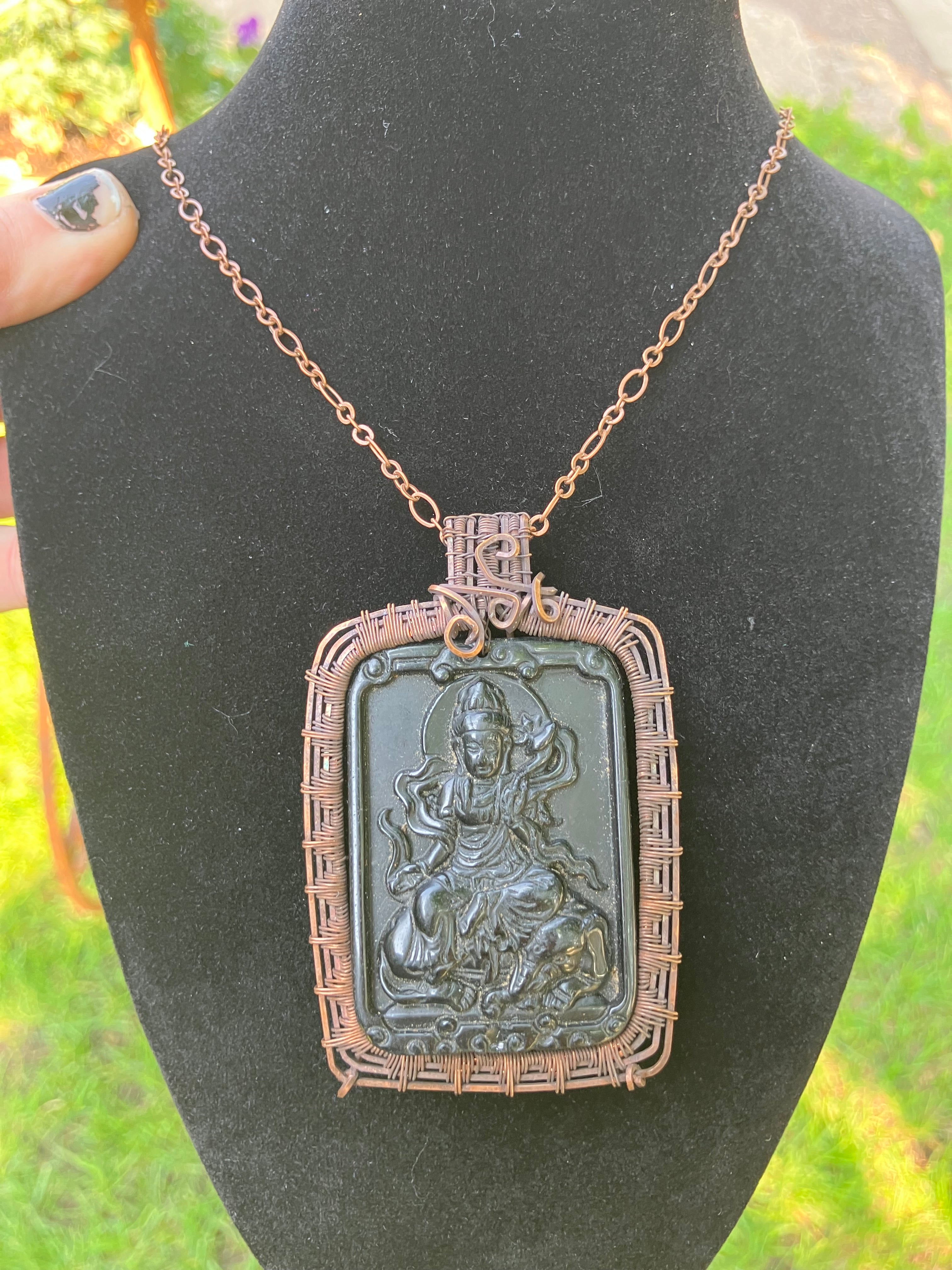 Krishna Carved Obsidian Wire Wrapped Pendant in Tarnished Copper