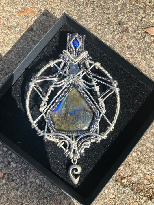 Labradorite and Faceted Blue Quartz Wire Wrapped Amulet, Statement Pendant in Two-tone Copper