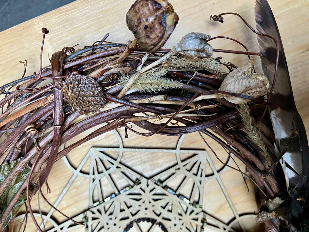 Archangel Metatron Sacred Geometry 10” Protection & Power Wreath- Silver Sheen Obsidian- Hawk