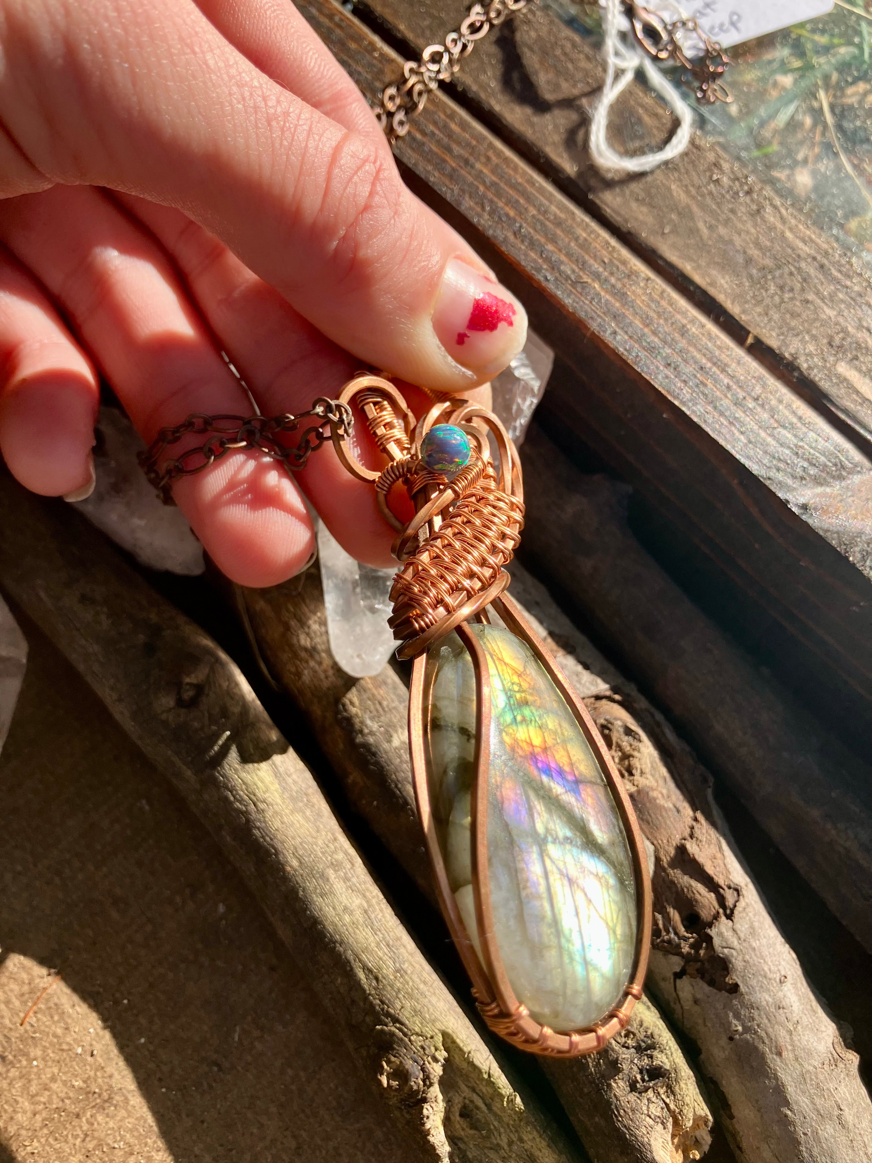Labradorite and Opal Wire Wrapped Pendant in Copper