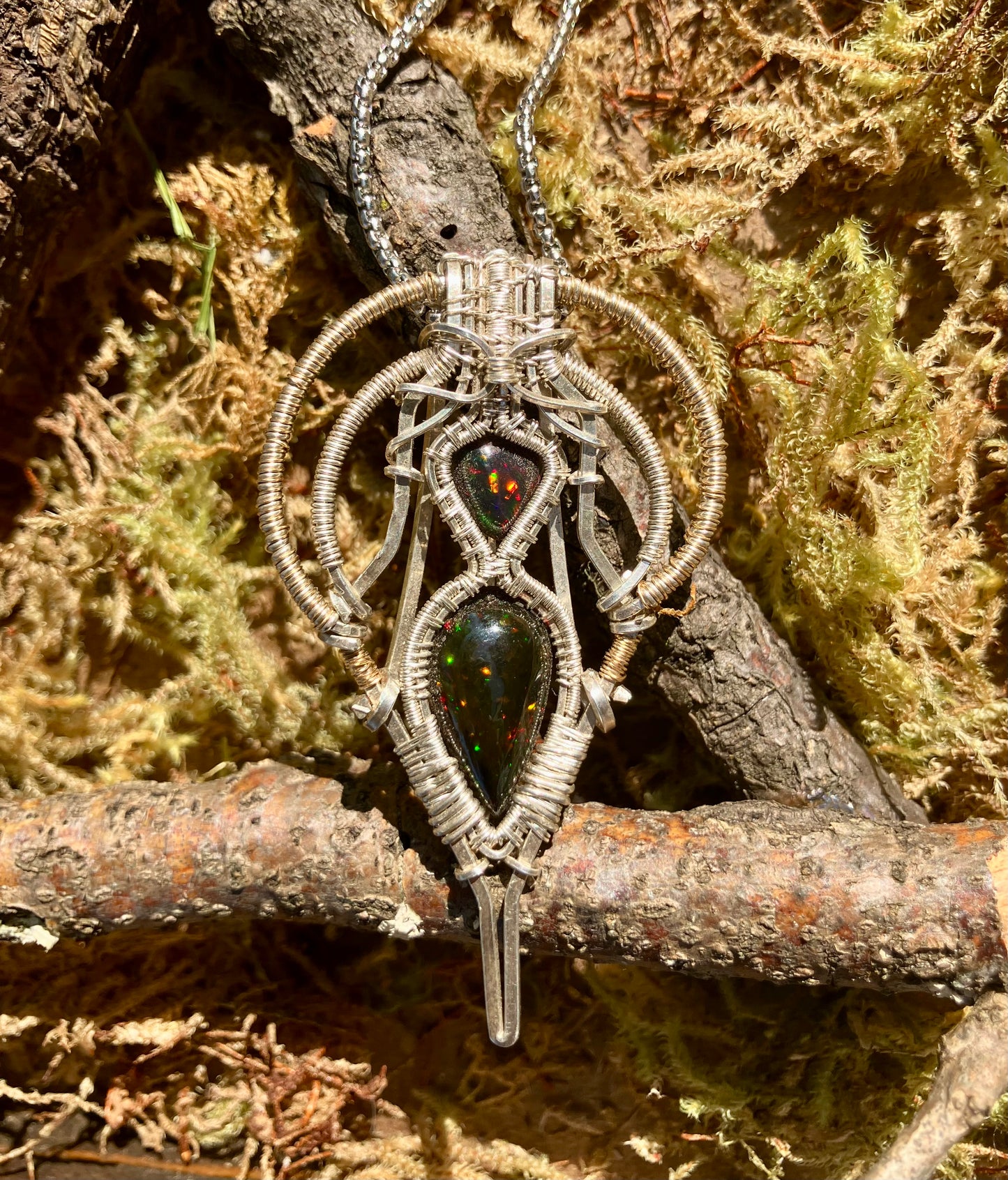 8.4 carat Double Black Opal Crystal Wire Wrapped Amulet Pendant in 925 Sterling Silver & 14k Yellow Gold