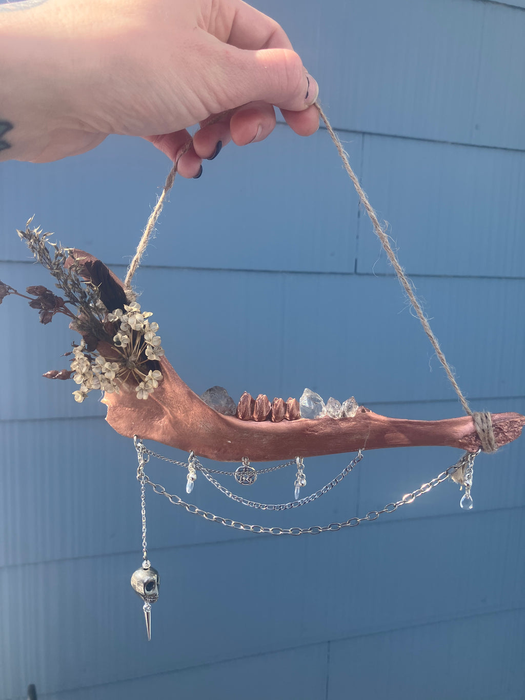 Crystal Deer Jawbone Wall Hanging Altar Ornament- Herkimer Diamond, Mt. Antero Topaz