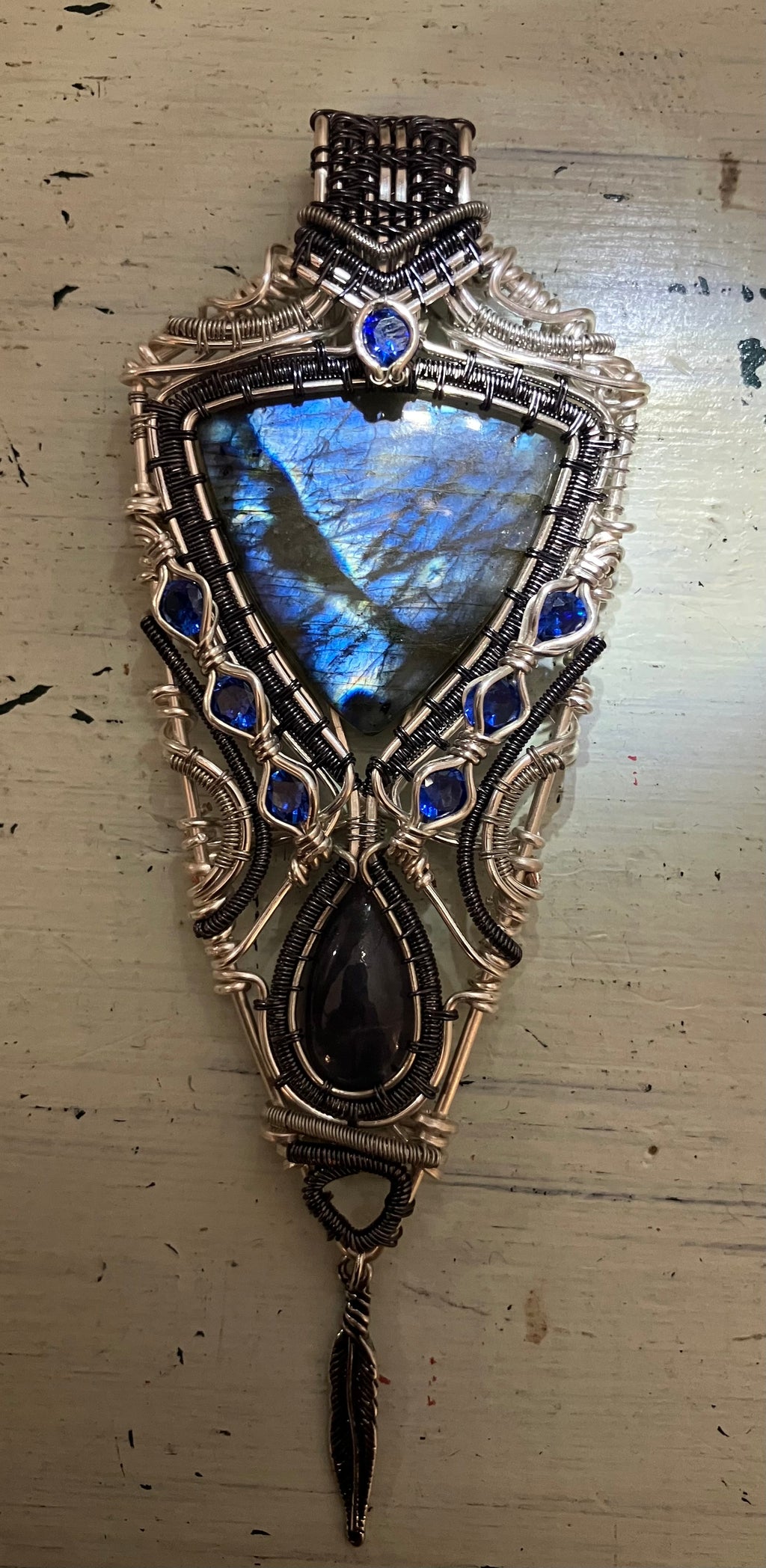 Labradorite Trillion, Iolite and Faceted Blue Quartz Wire Wrapped Amulet Statement Pendant in Two-tone Copper
