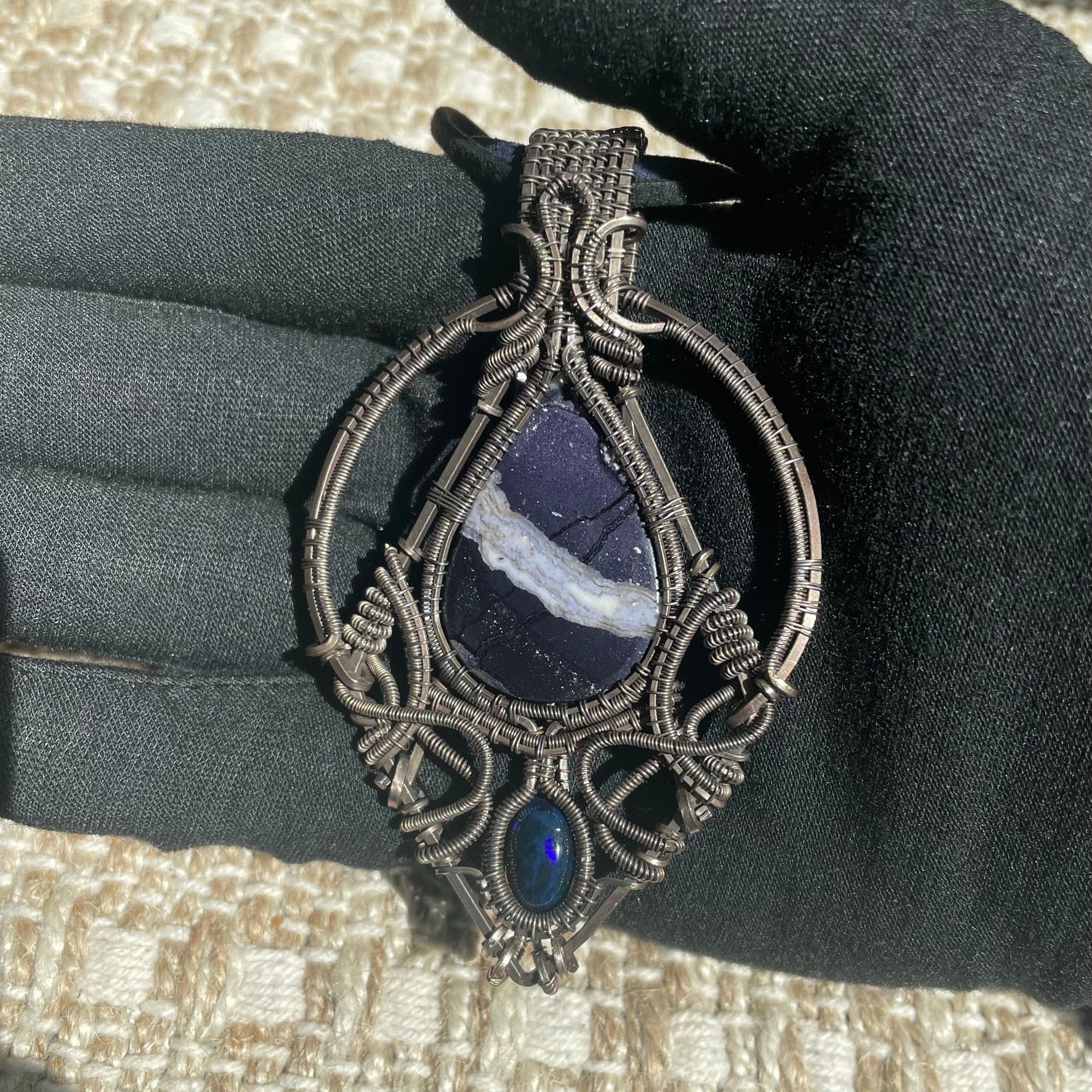 Opalized Fluorite and Black Opal Wire Wrapped Amulet Statement Pendant in Tarnished Sterling Silver