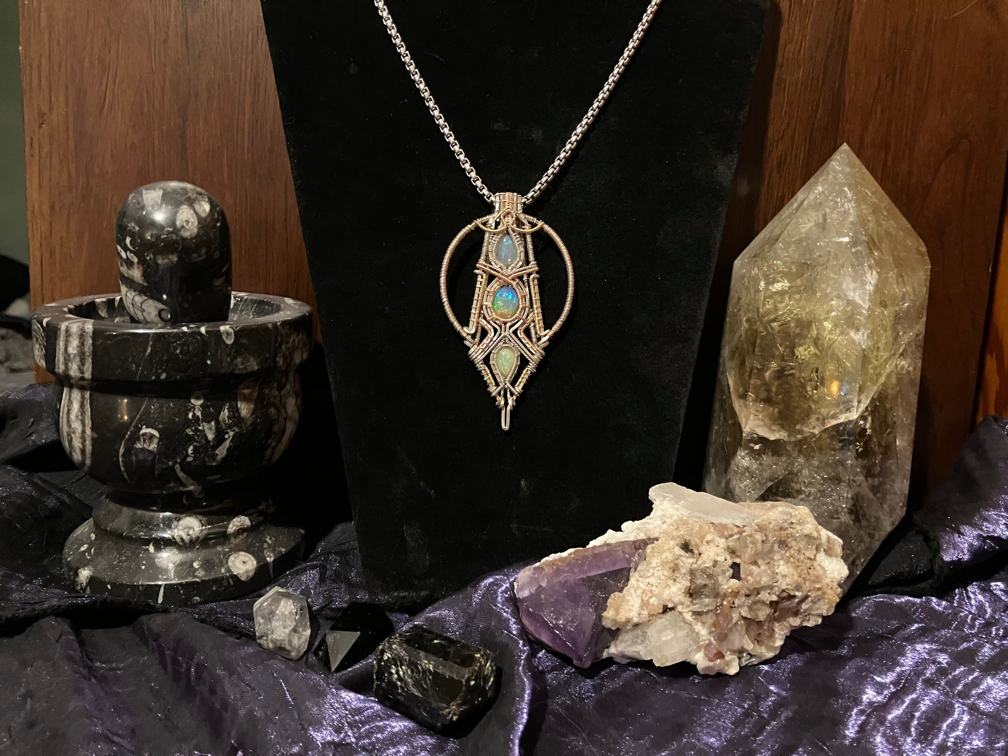 8.4 carat, Triple Australian Opal Wire Wrapped Amulet in Rose Gold, 14k Yellow Gold and 925 Sterling Silver