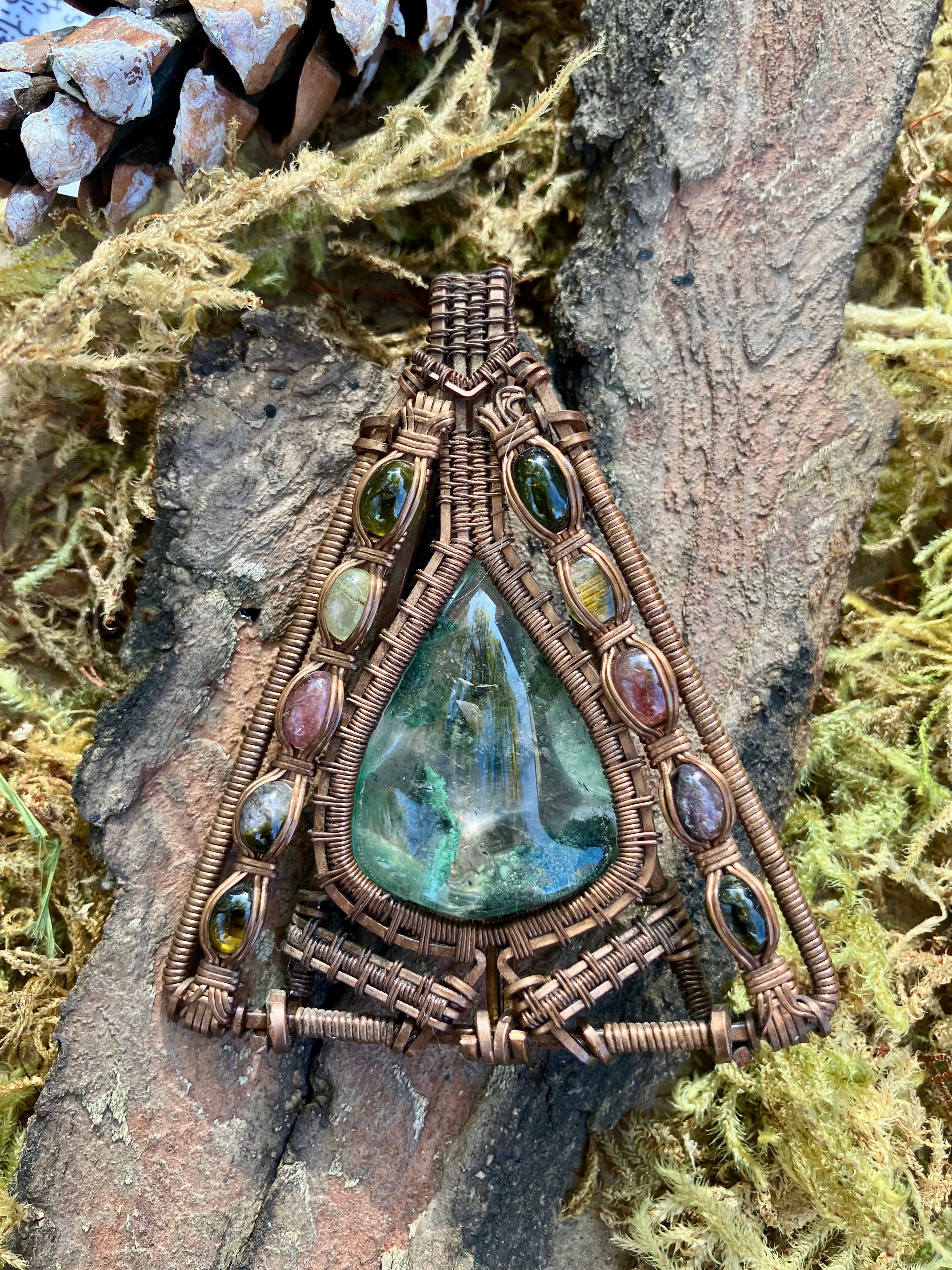 Ghost Phantom and Multi-Colored Tourmaline Wire Wrapped Amulet in Tarnished Copper