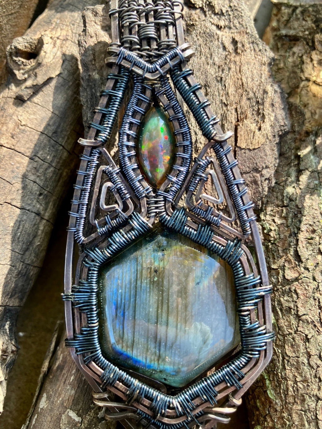Labradorite Hexagon and Black Opal Wire Wrapped Amulet Statement Pendant in Tarnished Sterling Silver and Copper