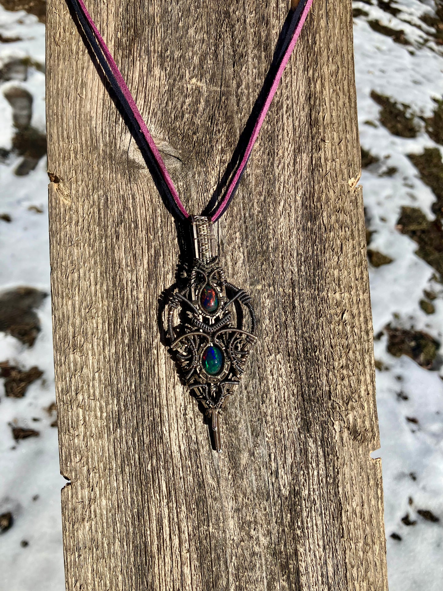 Double Australian Black Opal Wire Wrapped Amulet in Tarnished 925 Sterling Silver